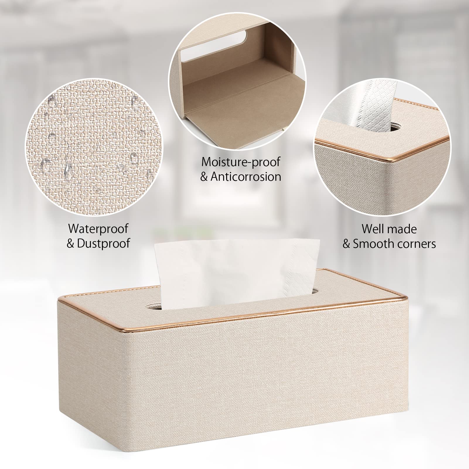 Tissue Box Cover  PU Leather Tissue Box Holder Rectangular Kleenex Box Covers for Home/Office/Car Decoration 9.84''X5.23''X3.77'' - Beige