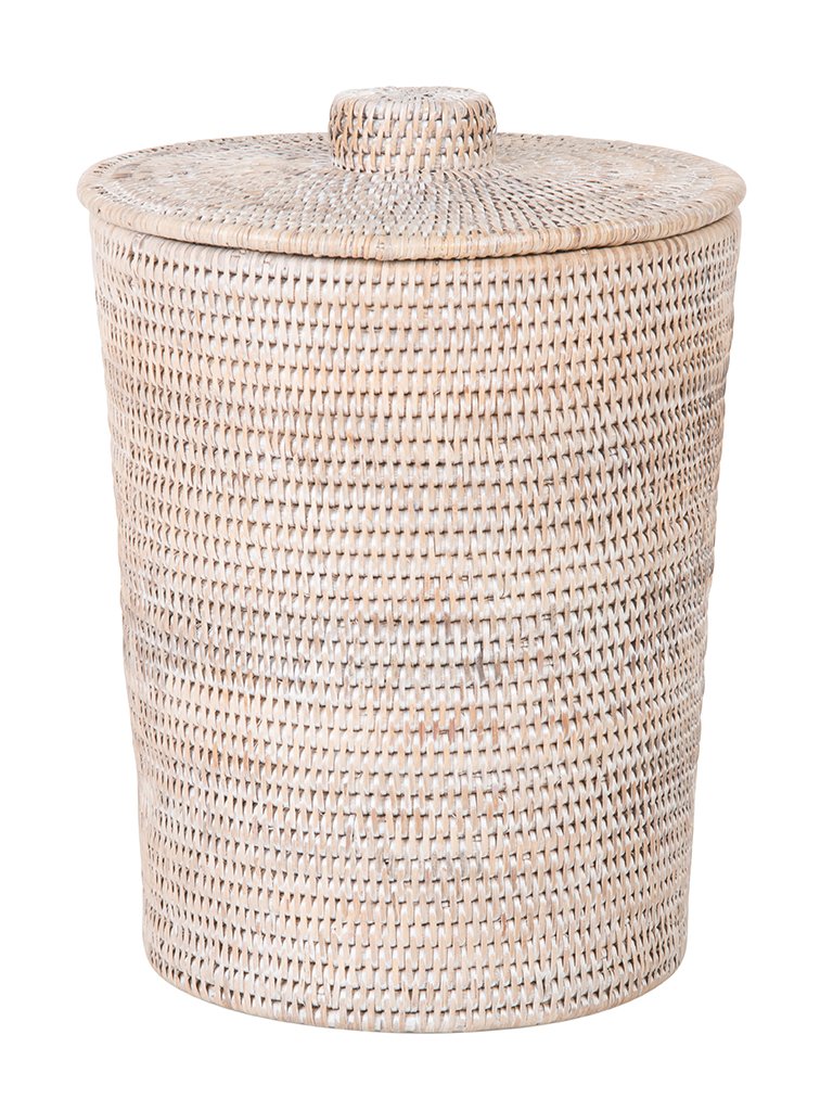 KOUBOO La Jolla Rattan Round Plastic Insert & Lid, Dorm Waste Basket, Bedroom, Living Room, Bathroom Basket for Dry Organic, Hom