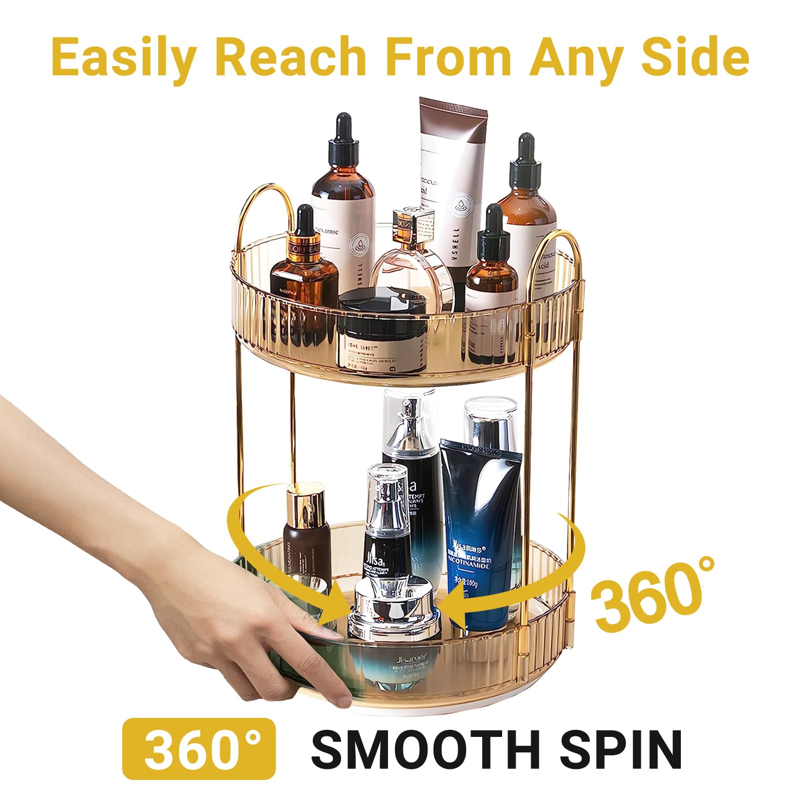 Asayuee 360 Rotating Gold Makeup Organizer,2 Tier Large Capacity Rotating Makeup Organizer,Skincareperfume Organizer,Bathroom Co