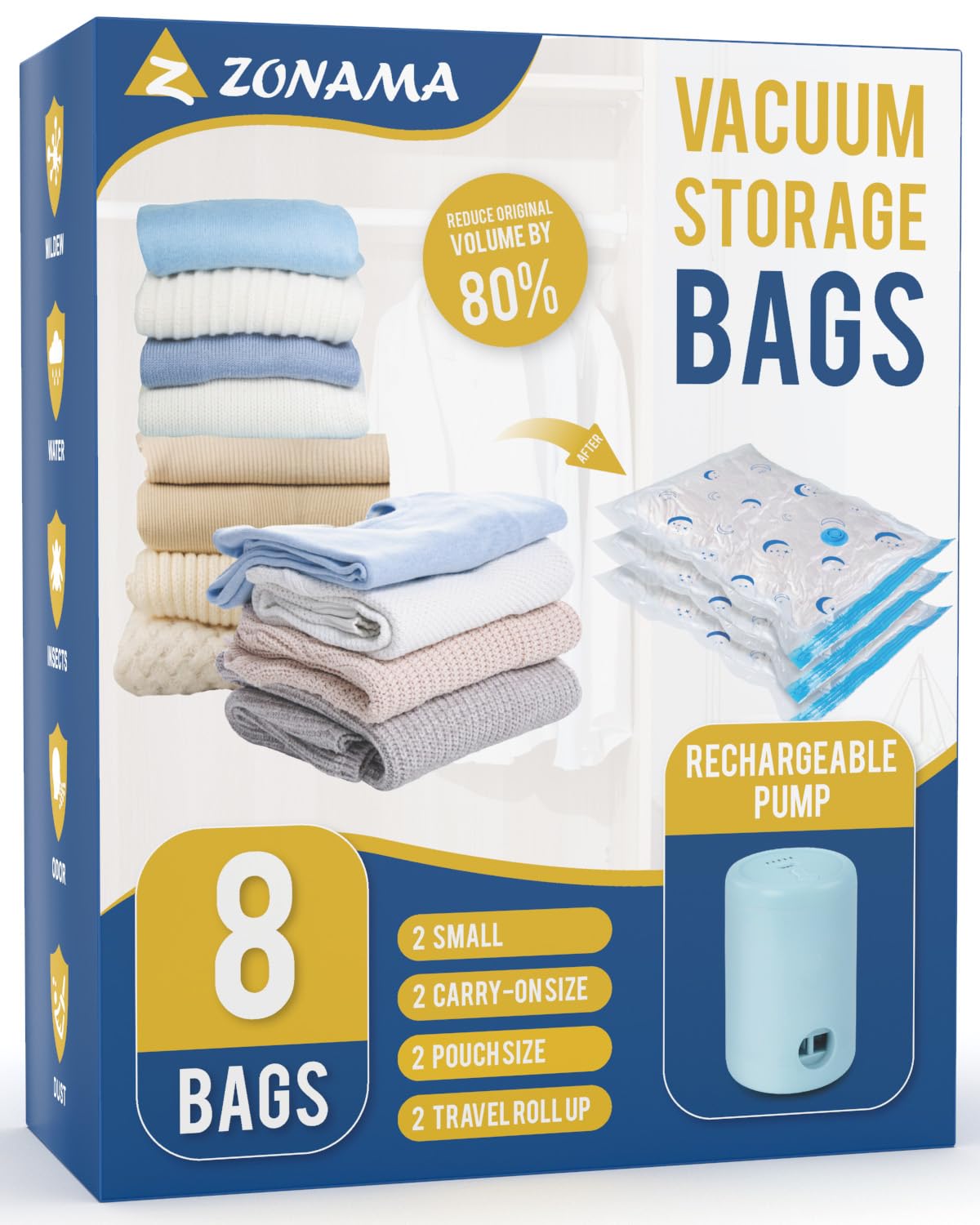 Vacuum Storage Bags For Travel, Combo 8 Pack Travel Vacuum Sealed Bags With 1500Mah Portable Rechargeable Electric Pump For Clot