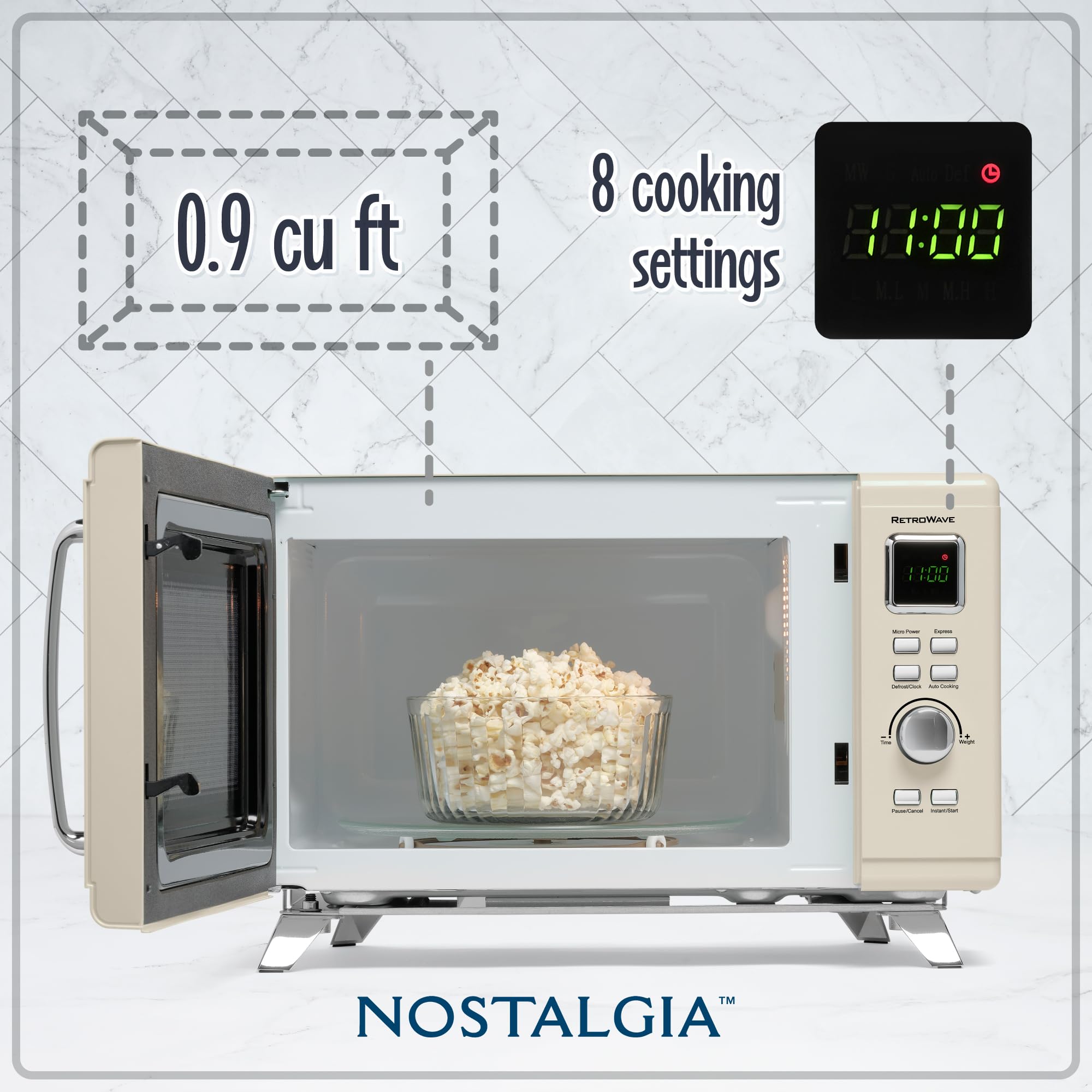 Nostalgia Mid-Century Retro Countertop Microwave Oven - Large 900-Watt - 0.9 Cu Ft - 8 Pre-Programmed Cooking Settings - Digital