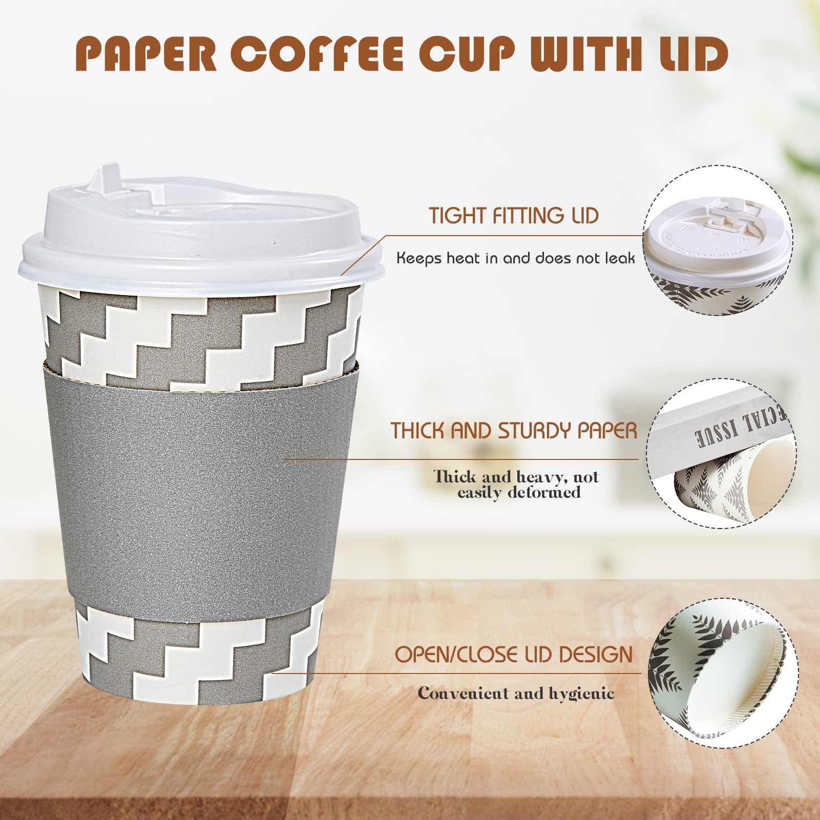 LITOPAK 100 Pack 12 oz Paper Coffee Cups  Disposable Coffee Cups with Lid  Sleeve  and Straws  Four Designs of Hot Coffee Cups  Disposable Paper Cups  and Drink Cups for Home  Stores  and Cafes.