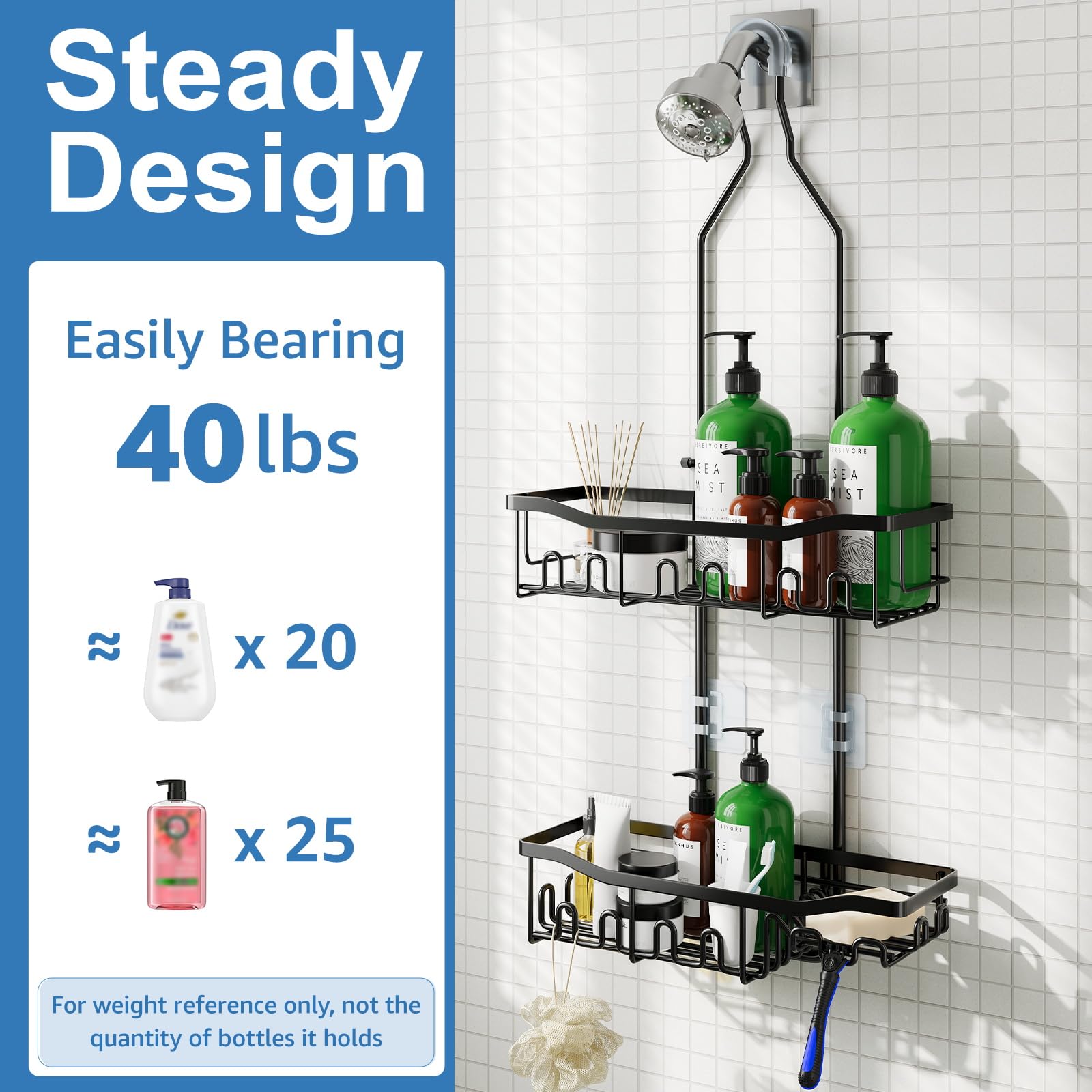 Joqixon Shower Caddy, Upgraded Extended Length Shower Caddy Over Showerhead No Blocking To Shower Head, Rustproof Shower Organiz