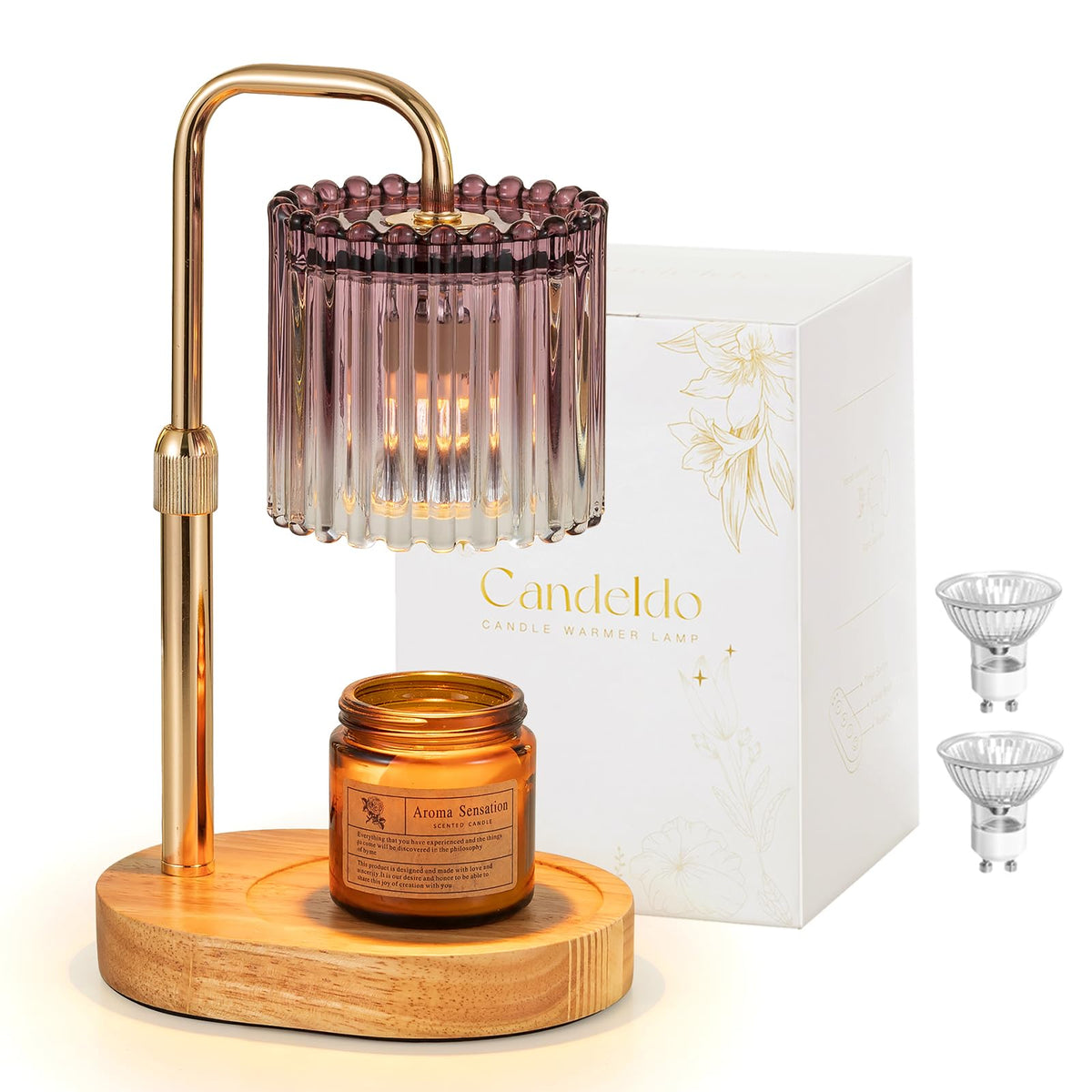 Purple glass Candeldo candle warmer lamp — alternate finish Candeldo candle warmer lamp with purple ribbed glass shade and wooden base