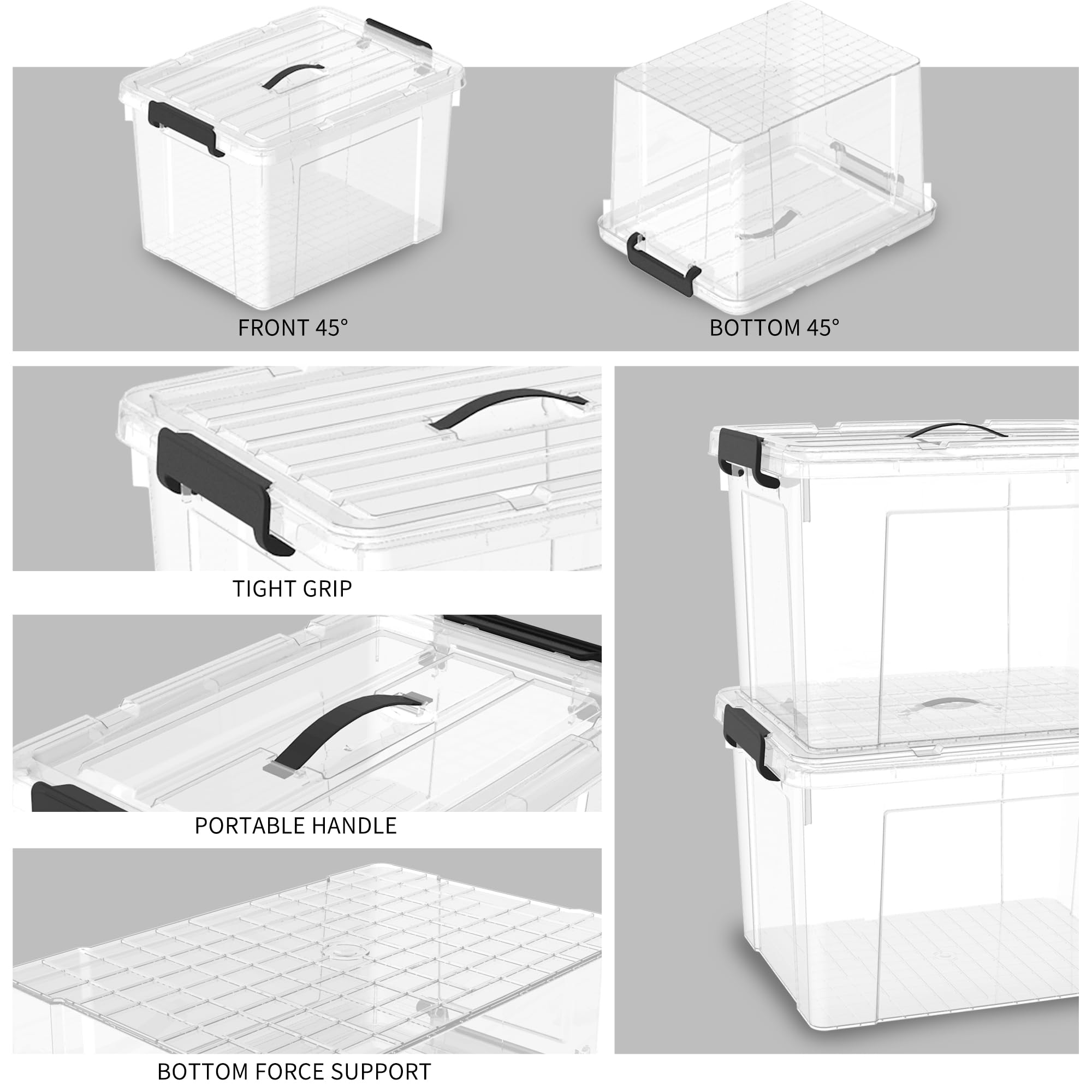 Cetomo Plastic Storage Bin Box Organizing Container With Lid And Secure Latching Buckles, Clear, 72Qt X 6, Pack Of 6