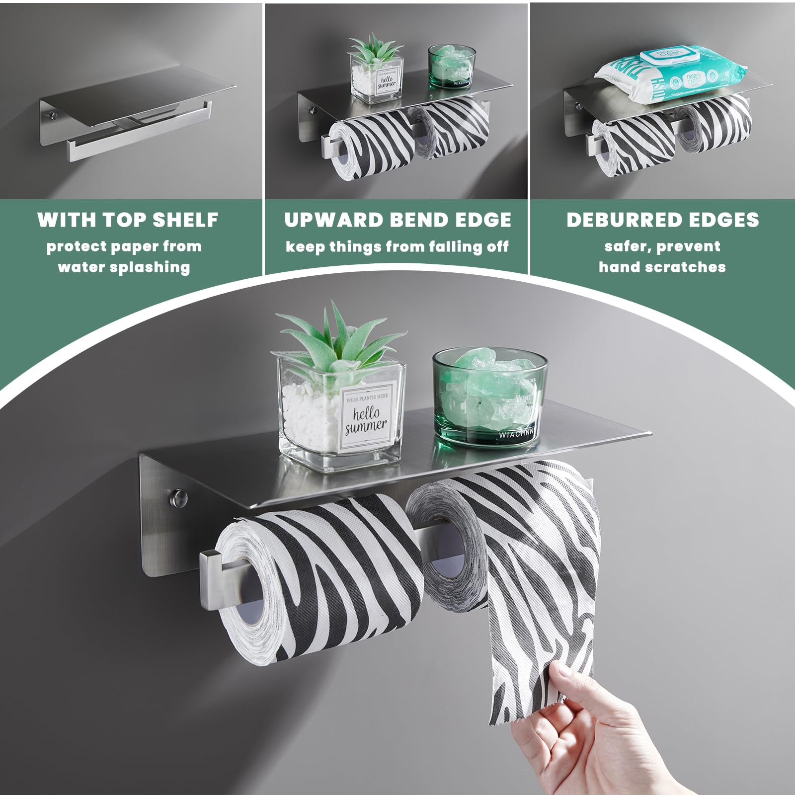 Double Toilet Paper Holder With Shelf, Suyar 304 Stainless Steel Wall Mounted Toilet Tissue Roll Holder Phone Storage, Brushed N