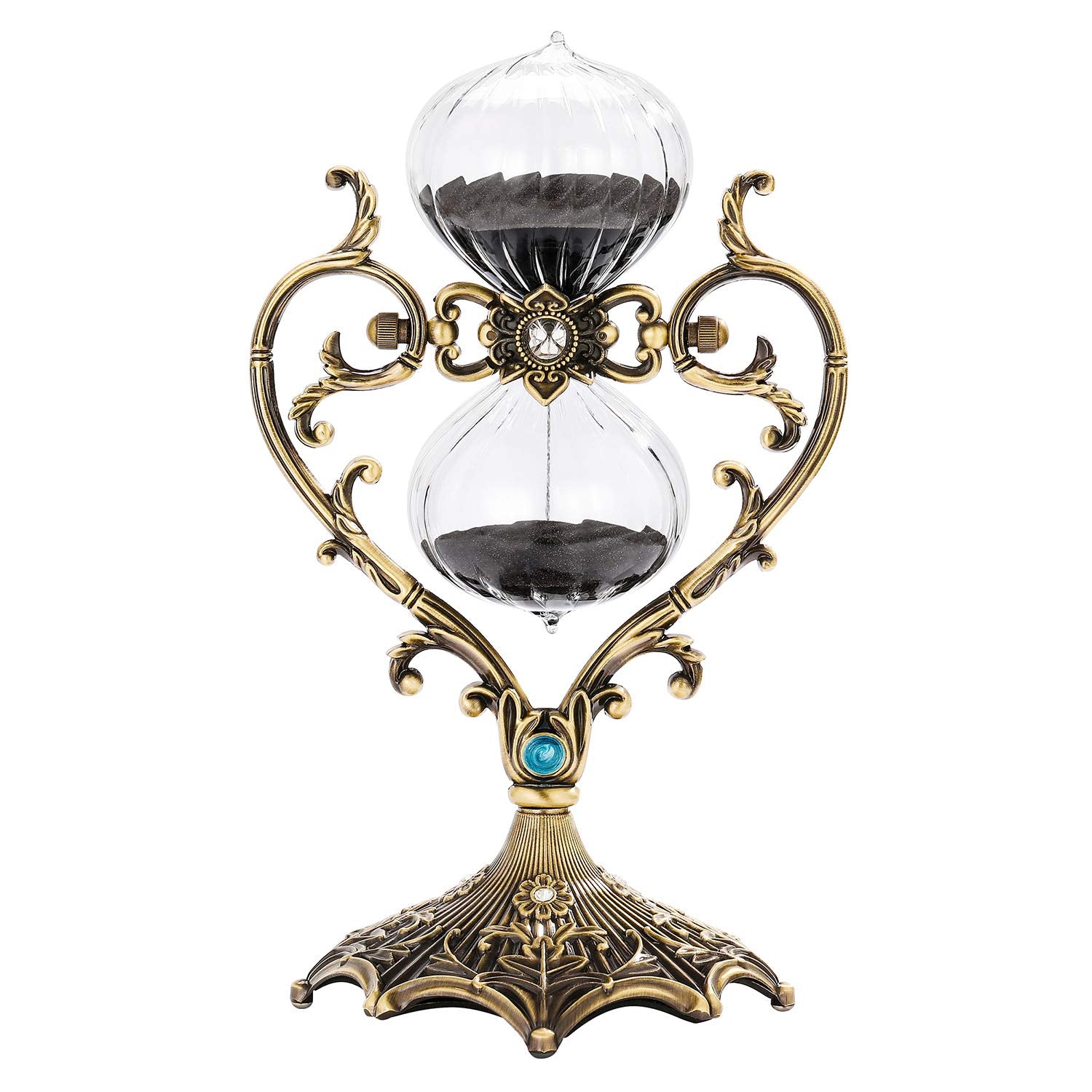 Suliao 60 Minute Hourglass Sand Timer, Vintage Engraved Brass Black Sand Clock, Unique Rotating Sand Watch 60 Min, Antique Large