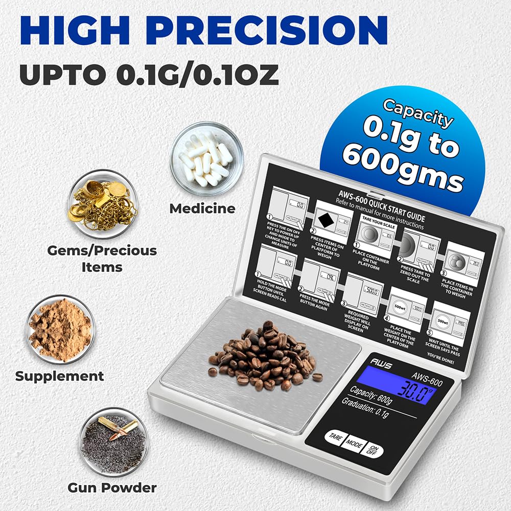 American Weigh Scales 600g x 0.1g Digital Pocket Scale | High Precision Digital Scale LCD Display Multi Unit Conversion Pocket G