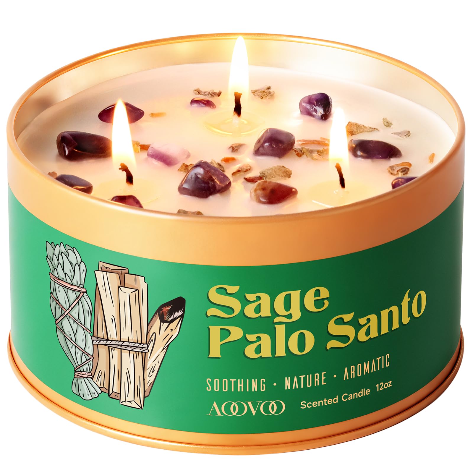 AOOVOO Sage & Palo Santo Candle for Cleansing - 3 Wick 12oz Large Scented Candle with Amethyst Crystals, Sage & Palo Santo Insid