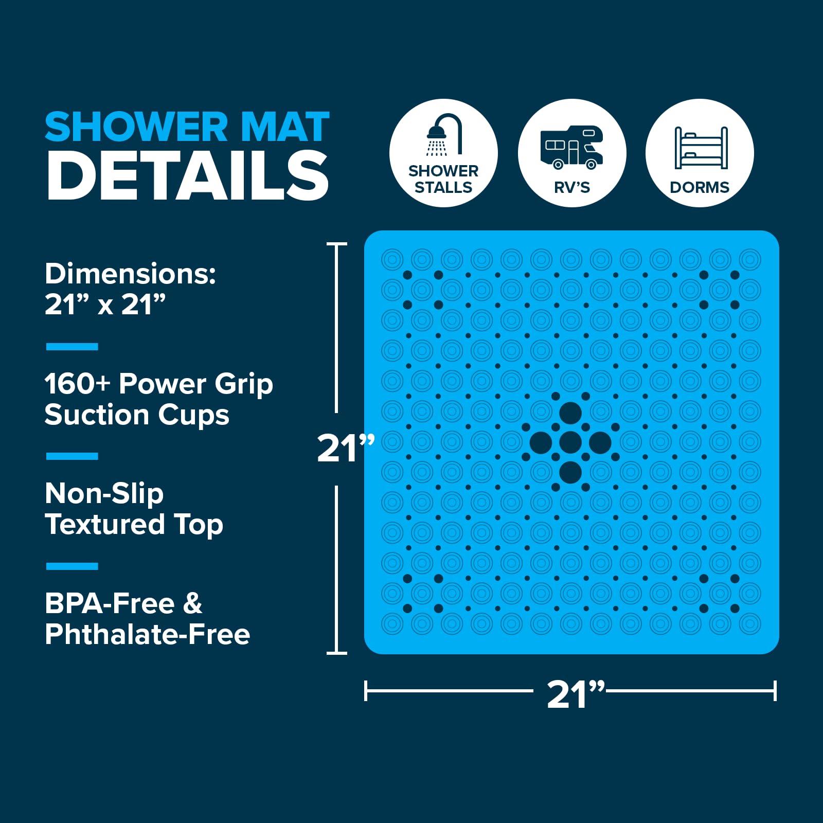 Slipx Solutions Essential Square Shower Mat, 21''X21'', Grippy Textured Surface, 25% Stronger Suction Cups, Non-Slip Shower Floo