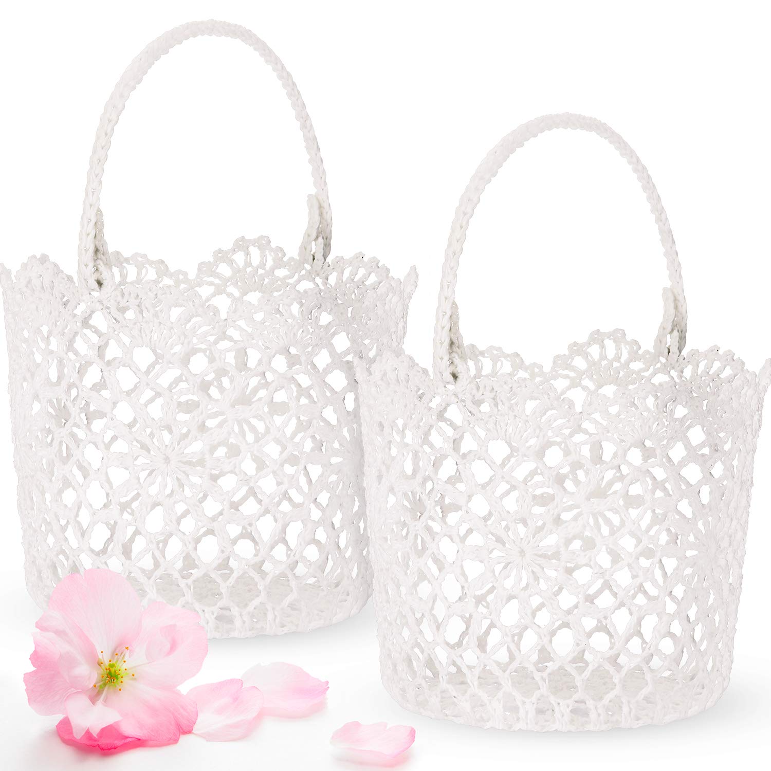 2 Pcs Flower Girl Basket, White Wedding Petal Basket, Classic