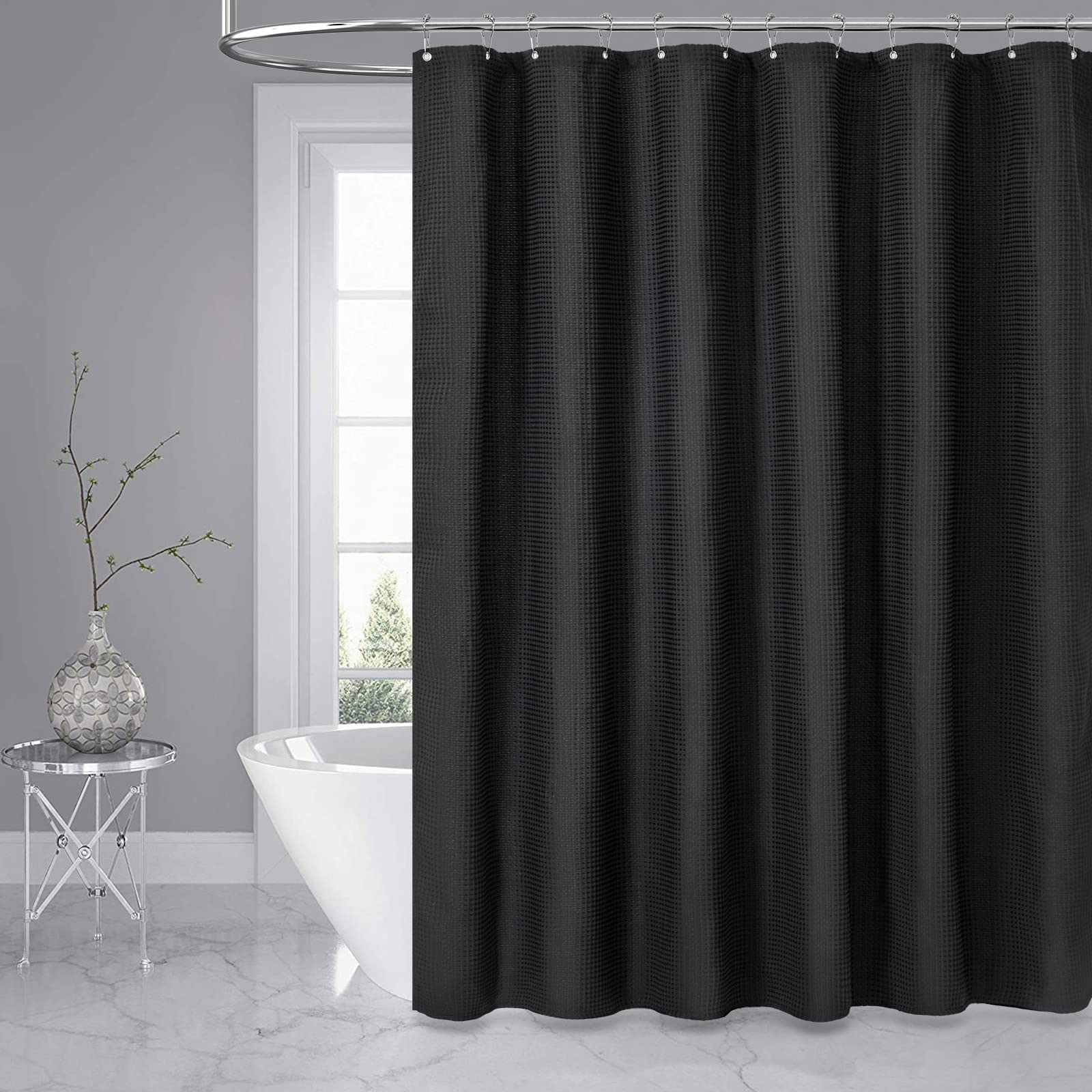 Dynamene Extra Wide Shower Curtain - 84 Inch Wide Waffle Weave Weighted Thick Cloth Bathroom Shower Curtain  Neutral Heavy Duty Hotel Bath Curtain Set with 14 Plastic Hooks  84x72  Black