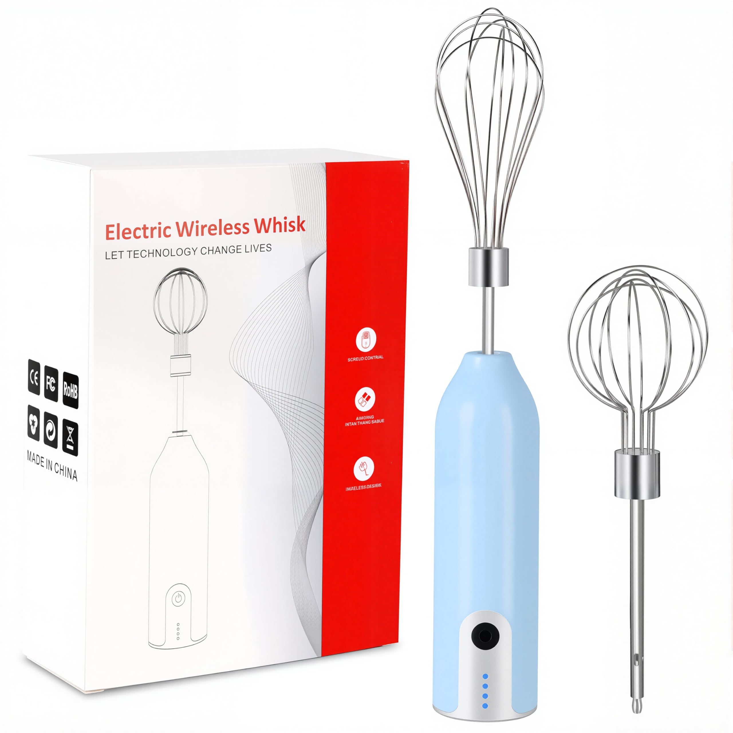 VOMELON Wireless Electric Egg Beater Whisk - Multi-speed, Light Blue, Rechargeable for Eggs, Milkshakes, Sauces & Soups