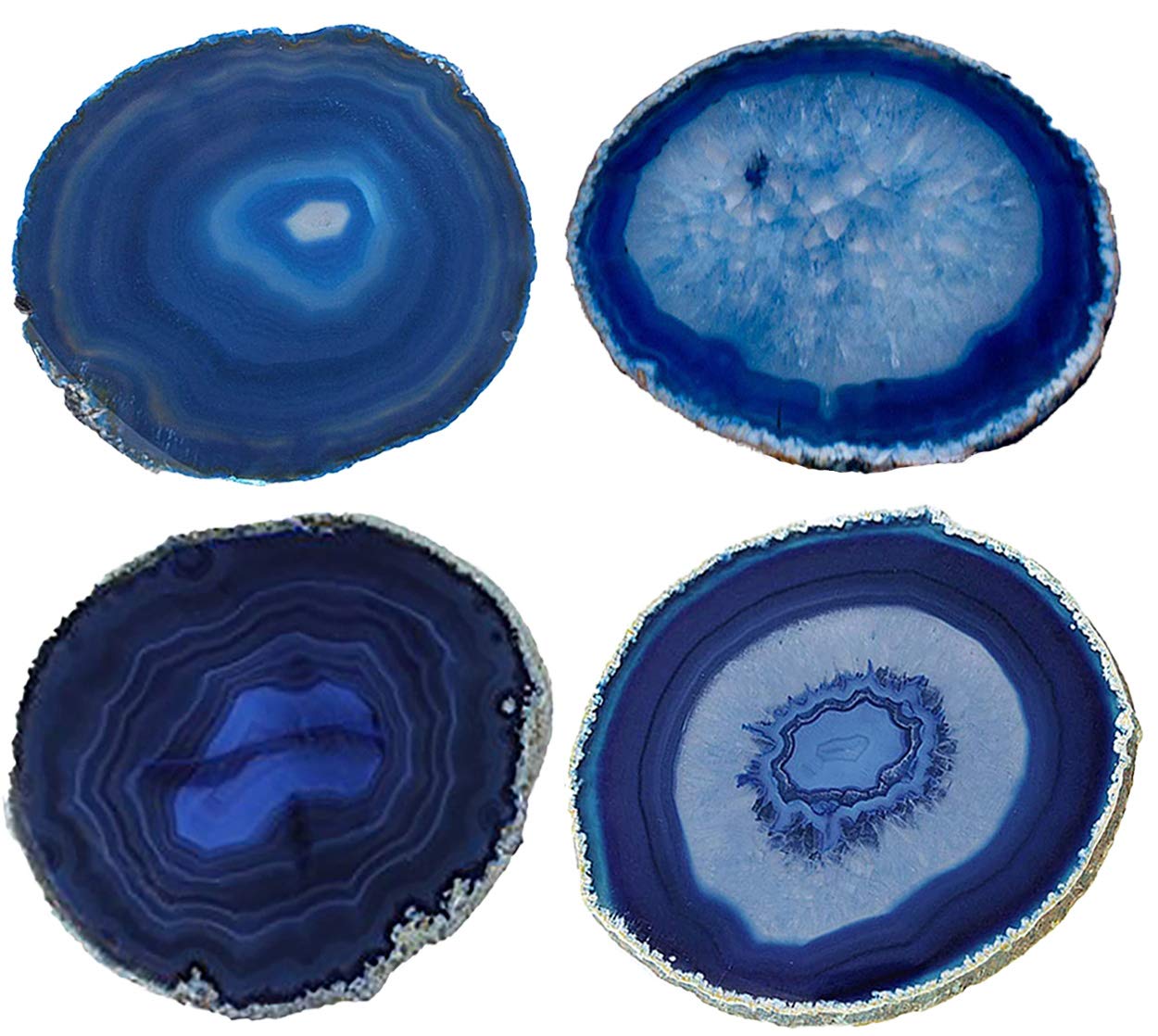 JIC Gem 3-3.5'' Dyed Blue Color Small Size Agate Coastes Polished Natural Geode Stone Coasters Agate Slices Set of 4 with Protective Rubber Bumper Home Decorative