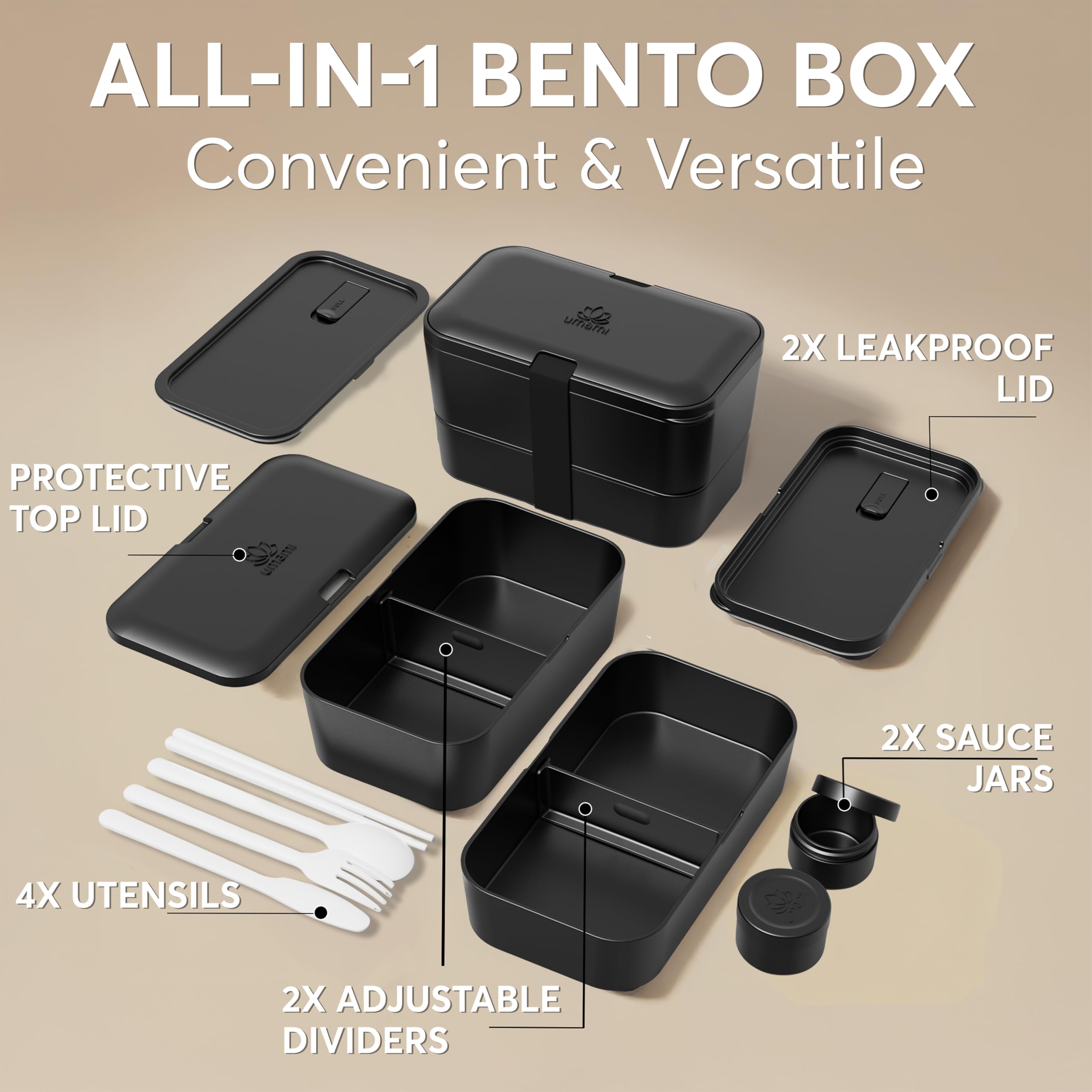 Umami All-in-One Bento Box - Stylish, Spacious & Built for Real Meals - Includes Full Cutlery Set, 2 Sauce Jars, A Nestable Desi
