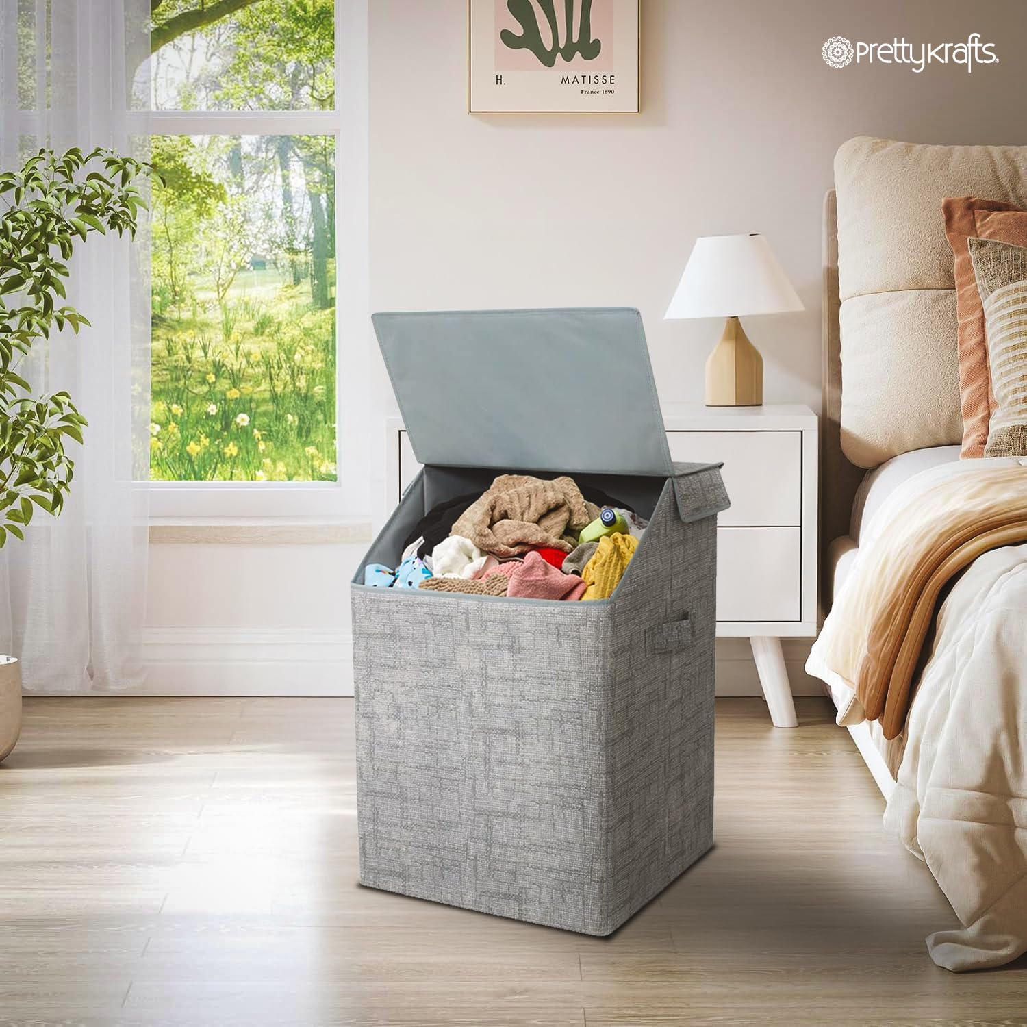 Prettykrafts 75 Ltr Laundry Basket For Clothes With Lid | Laundry Bag Foldable | Laundry Bag For Clothes | Clothes Basket | Bask