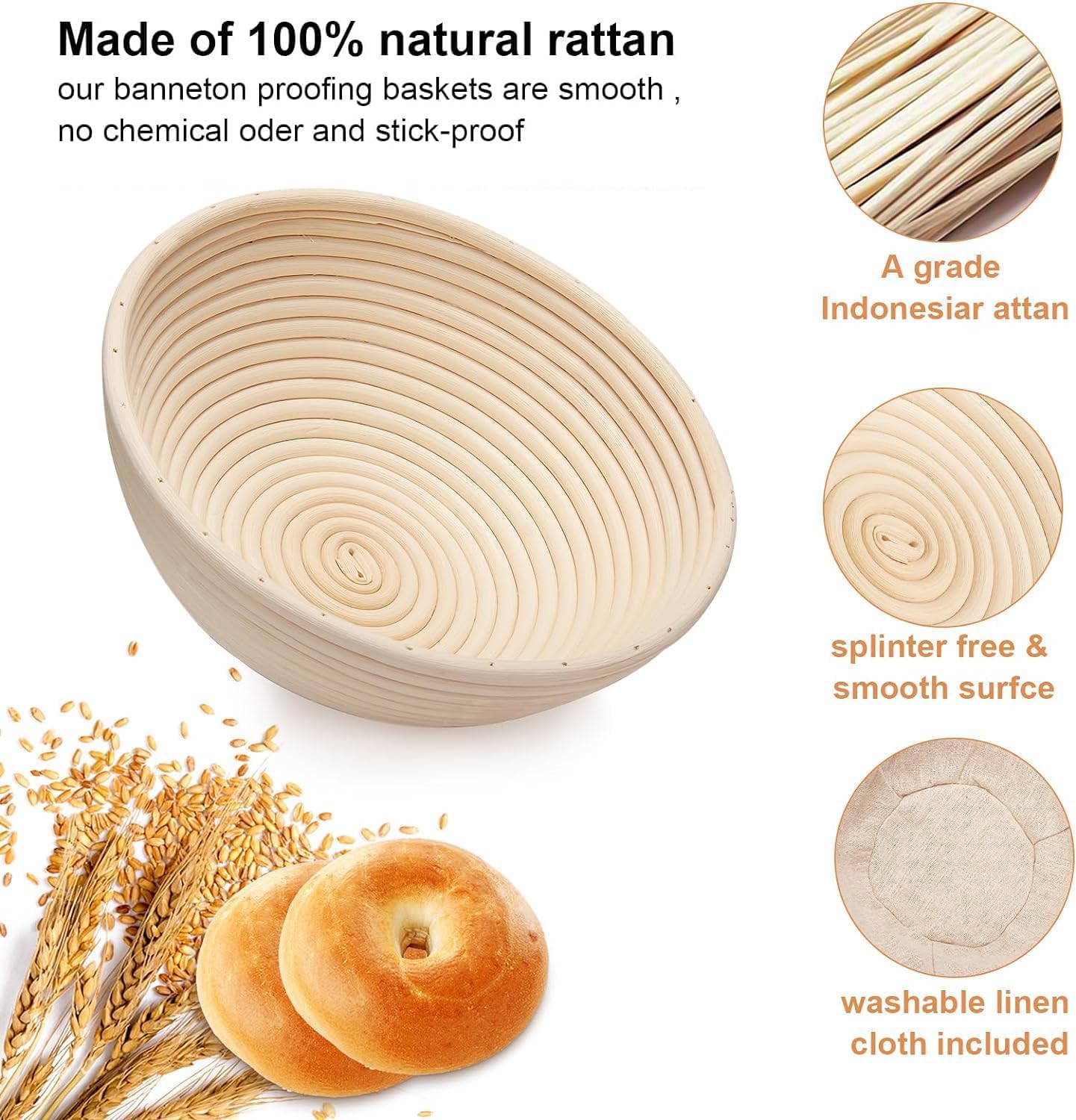 Homedisiac Banneton Bread Proofing Basket Set, 9 Inch Round & 10 Inch Oval, Natural Rattan Material, Ideal For Sourdough Bread B