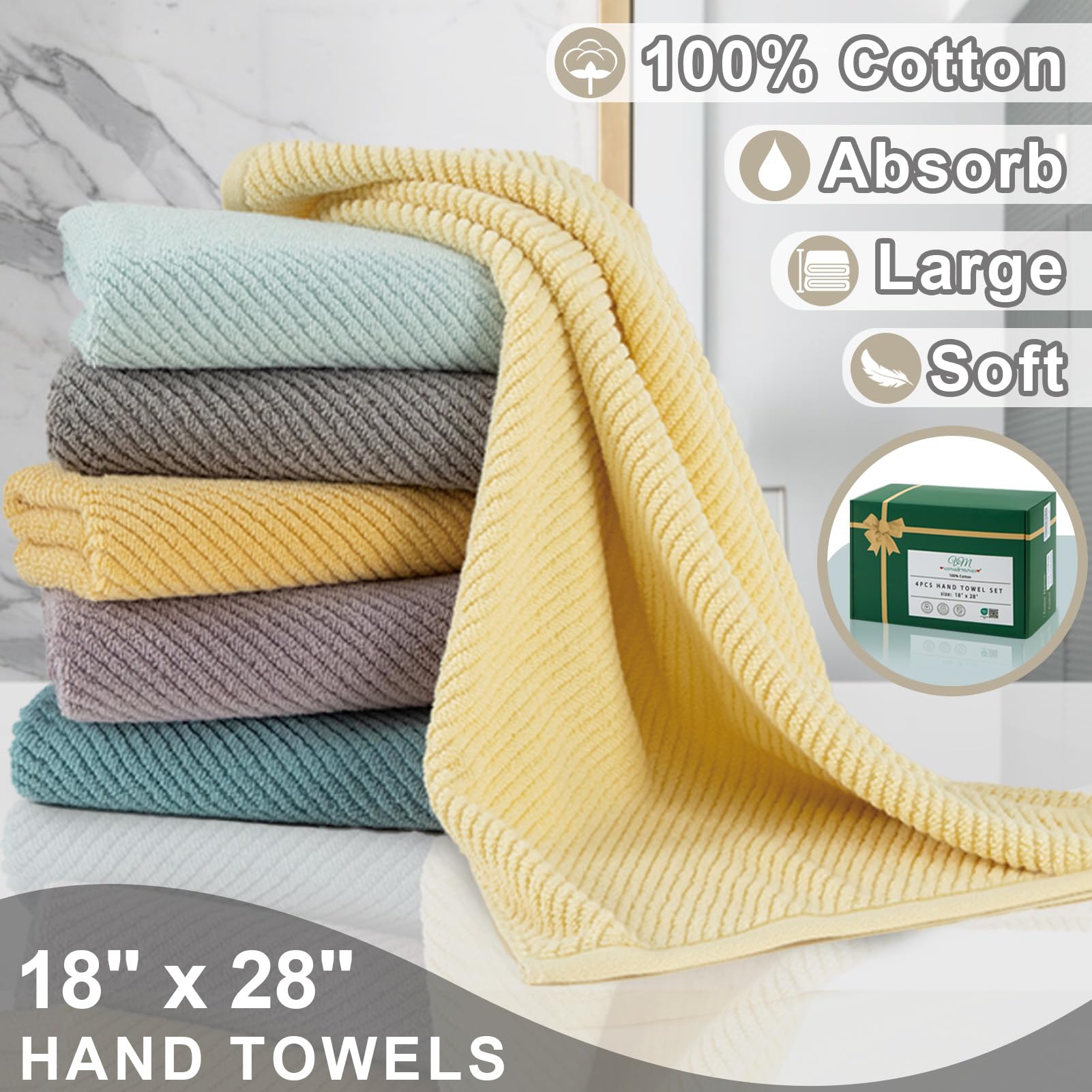 Voova & Movas Bathroom Hand Towels Set Of 4 - Large 18''X28'' | 100% Cotton | Lightweight | Thick | Quick Dry | Soft | Absorb, H