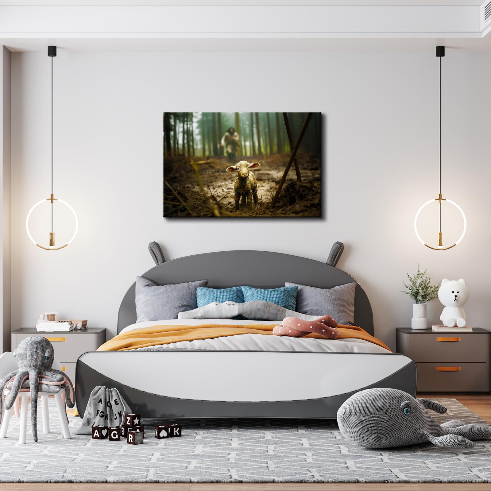 Yonica Jesus And Lamb Canvas Wall Art Jesus Running After Lost Lamb Picture Wall Art Canvas Print Christian 18X24 Inch Home Deco