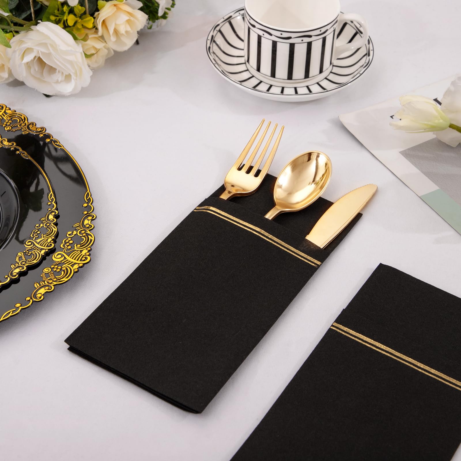Nervure 100Pcs Black Paper Napkins With Built-In Flatware Pocket - Black And Gold Prefolded Cloth Like Disposable Napkins - Heav