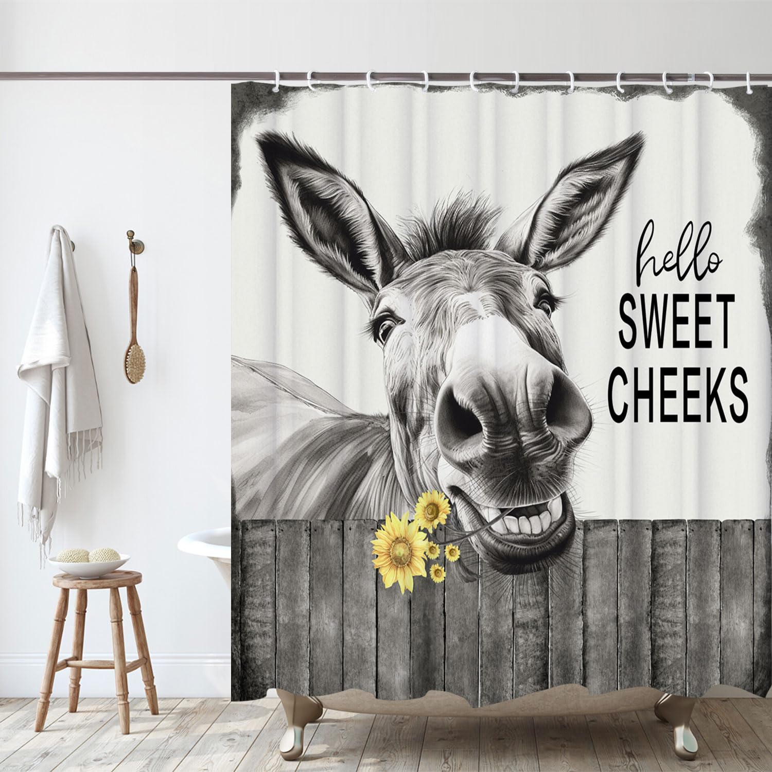 Lkfbsc Funny Donkey Shower Curtain, Black And White Farmhouse Farm Animal 36X72 Shower Curtain Set, Gray Hello Sweet Cheeks Rust