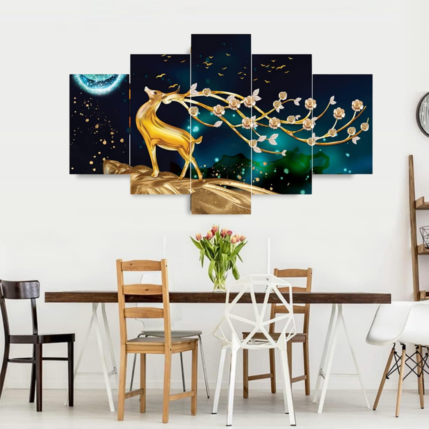 Masstone Deer Painting For Wall Decoration | Wall Painting For Bedroom Set Of 5, (76X43 Cm) | Vastu Scenery For Wall With Frames