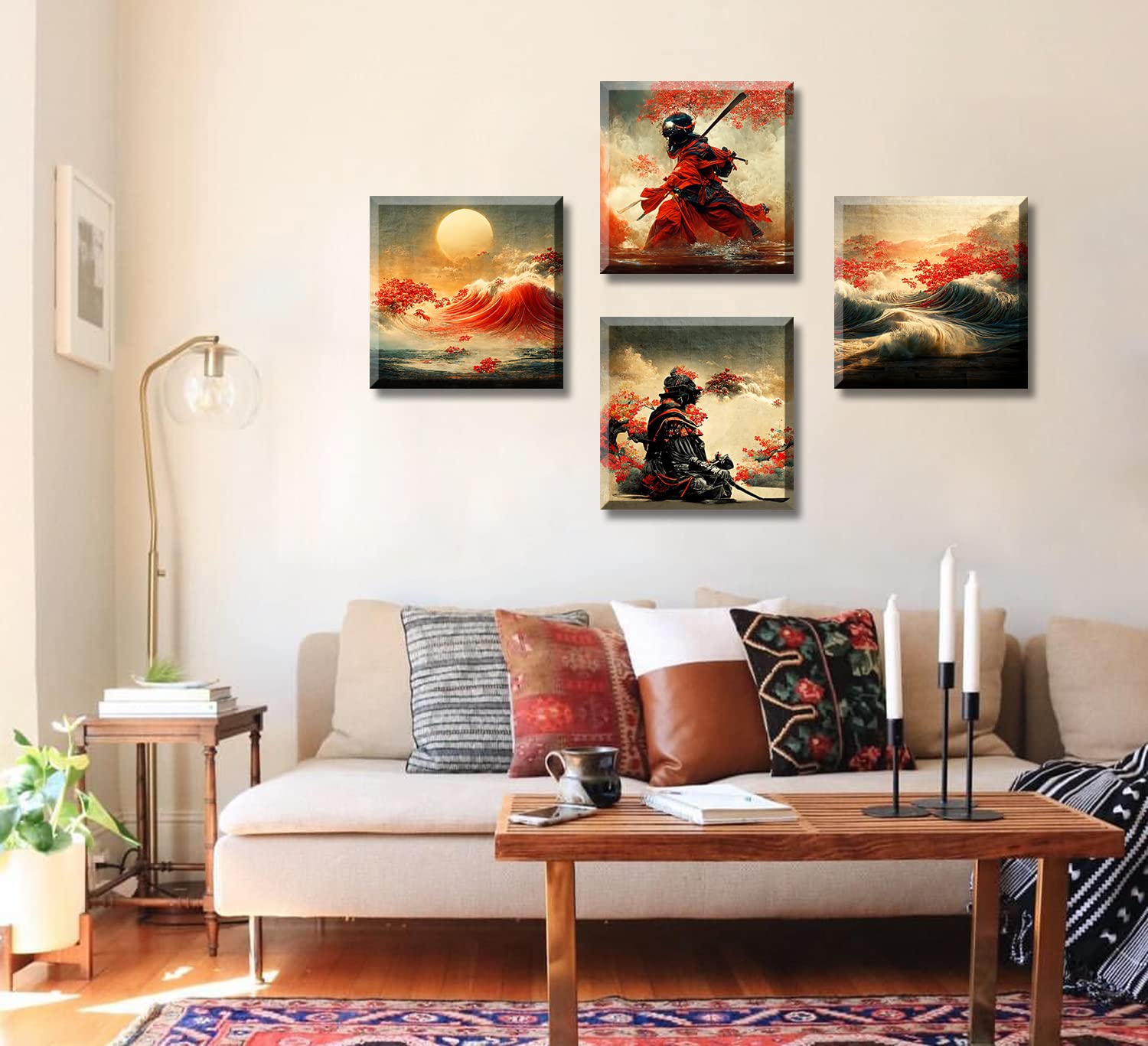 JiazuGo Japanese Wall Art - Japanese Armored Samurai art Painting Anime Posters Wall Decor Asian Warrior Figure Decor for Home Red Plum Blossom Vintage Canvas Ocean Decor Modern Living Room Bedroom