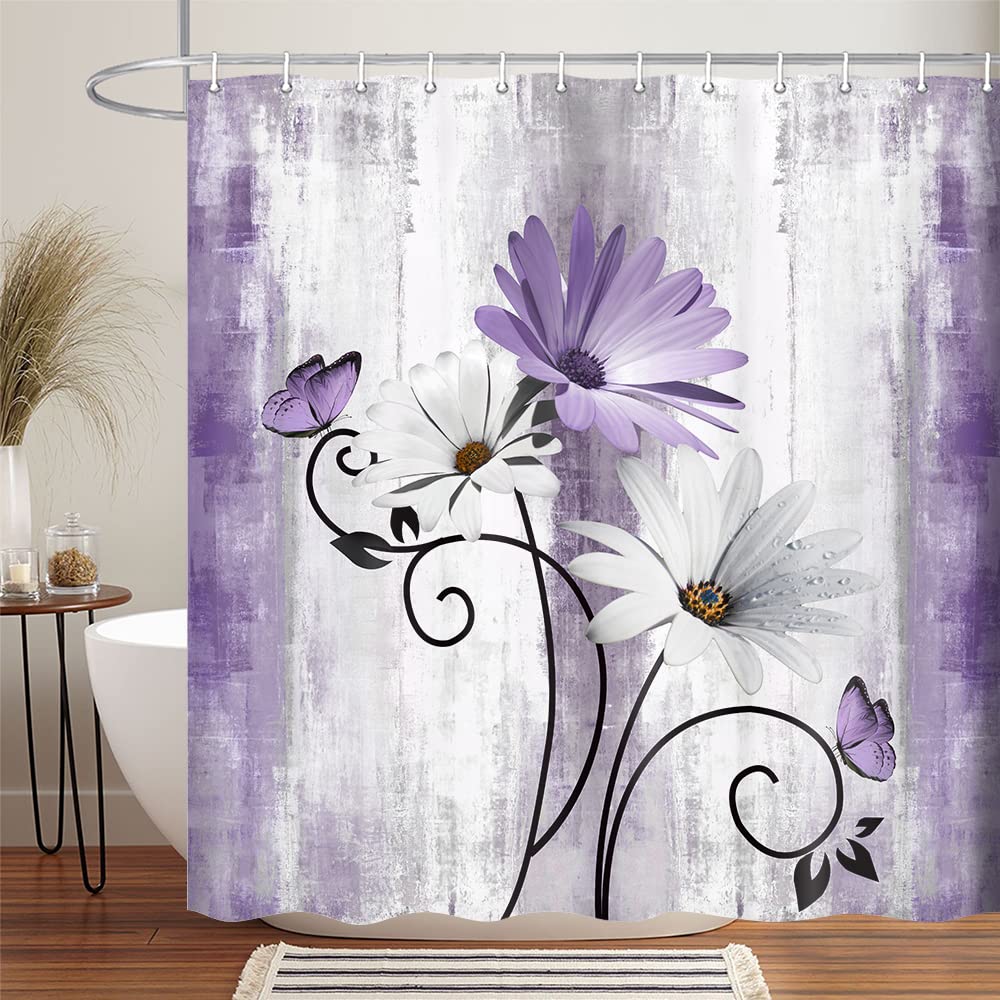 VeiVian Rustic Farmhouse Shower Curtain  Farm Purple Daisy Floral Flowers and Butterfly on Country Wooden Shower Curtain for Bathroom  Violet Grey Bathroom Shower Curtains with 12PCS Hooks  70X70IN