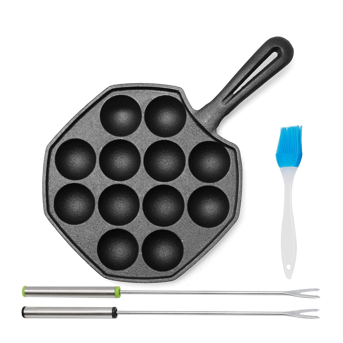 Anxingo Cast Iron Takoyaki Pan - 12 Hole Heavy Duty Square Cooking Plate Octopus Ball Maker 1.5'' Half Sphere Takoyaki Maker For