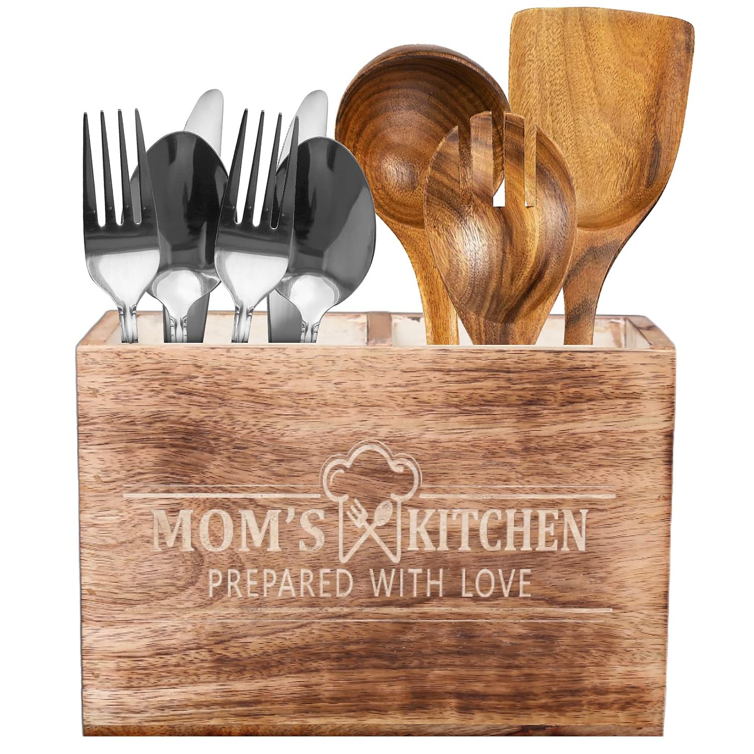 Chef'S Unique Wooden Utensil Holder For Countertop Mothers Day Gift - Durable Cooking Utensils Holder - Large Rustic Countertop