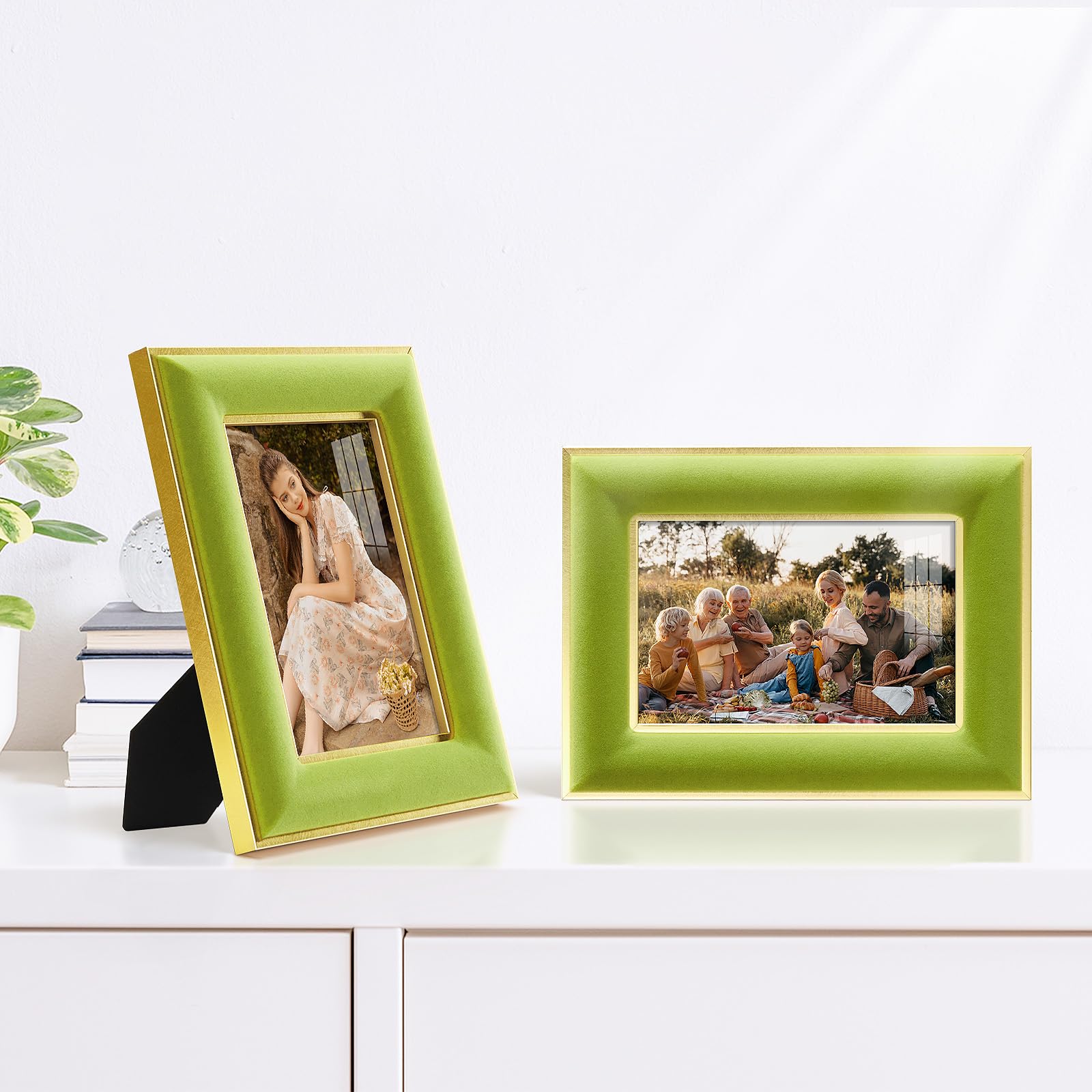 KSROECUD 4x6 Velvet Picture Frame, Light Green Photo Frames with Modern Simple Metallic Gold Border, HD Real Glass Horizontal &