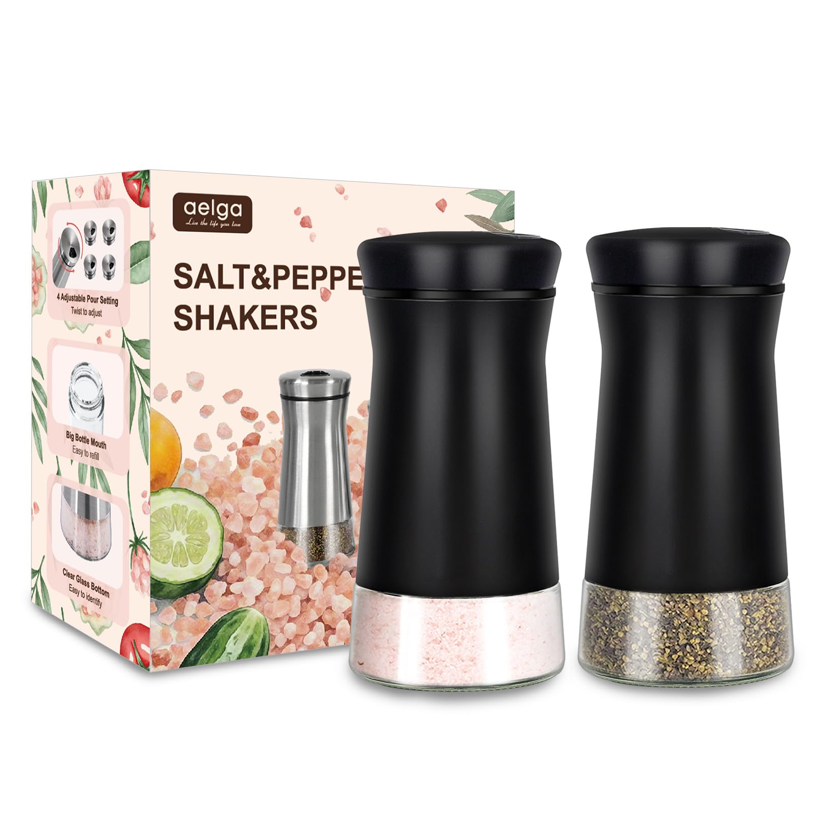 Black Salt and Pepper Shakers with Adjustable Pour Holes, Farmhouse Glass Salt Shaker with Stainless Steel Lids, Refillable Shak