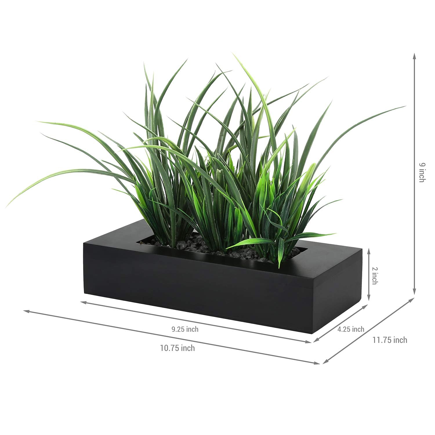 MyGift Artificial Green Grass Plants Potted in 9-inch Matte Black Wood Decorative Planter, Tabletop Faux Greenery in Wooden Rect