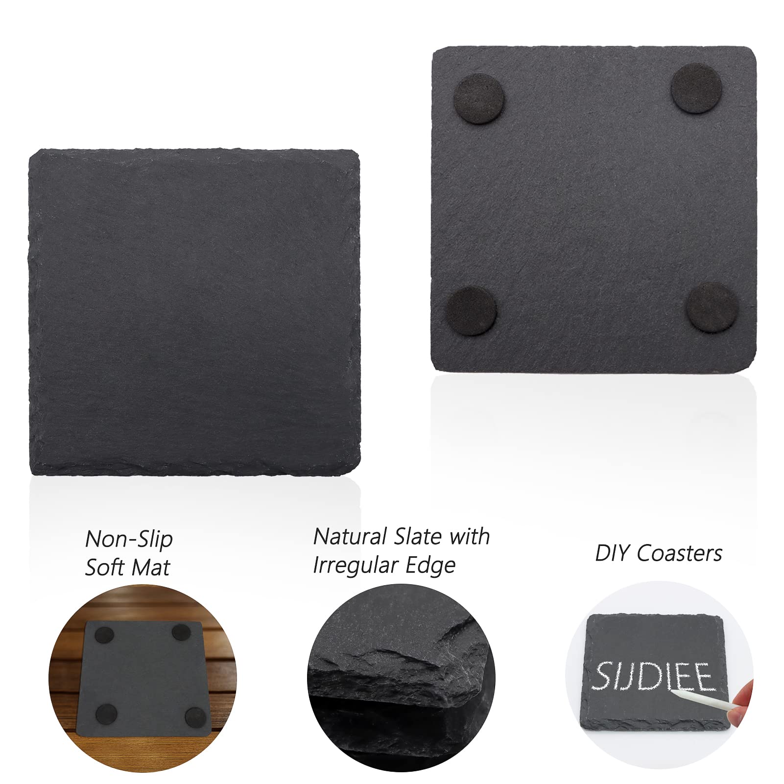 4 Pcs Square Slate Drink Coasters Set, Sijdiee 4 Inch Black Slate Stone Coasters With Anti-Scratch Bottom And Coaster Holder For