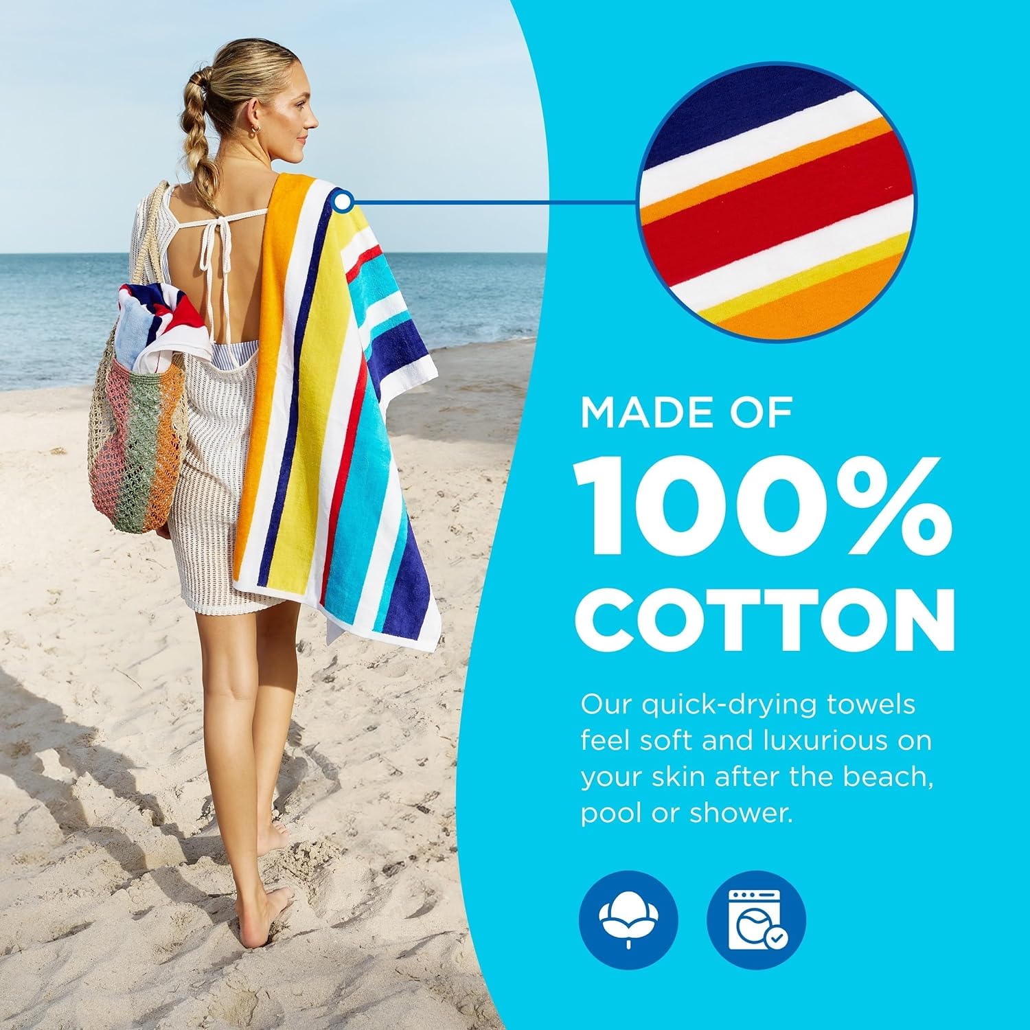 Kaufman - Joey Velour Colored Classic Multi-Color Stripe Beach & Pool Towel - Large 100% Combed Cotton Beach Towel - Soft & Abso