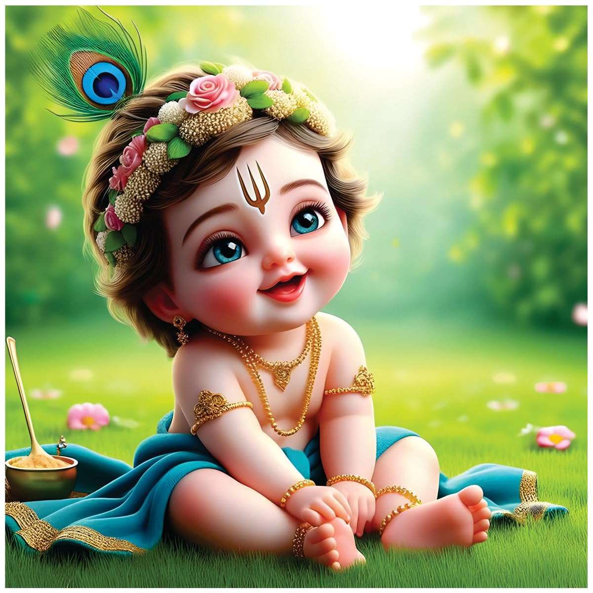 Anabia Decor Baby Krishnaseat On Garden God Wall Poster For Pooja Room,Office,Bedroom,Living Room (Size -45 Cm X 45 Cm)