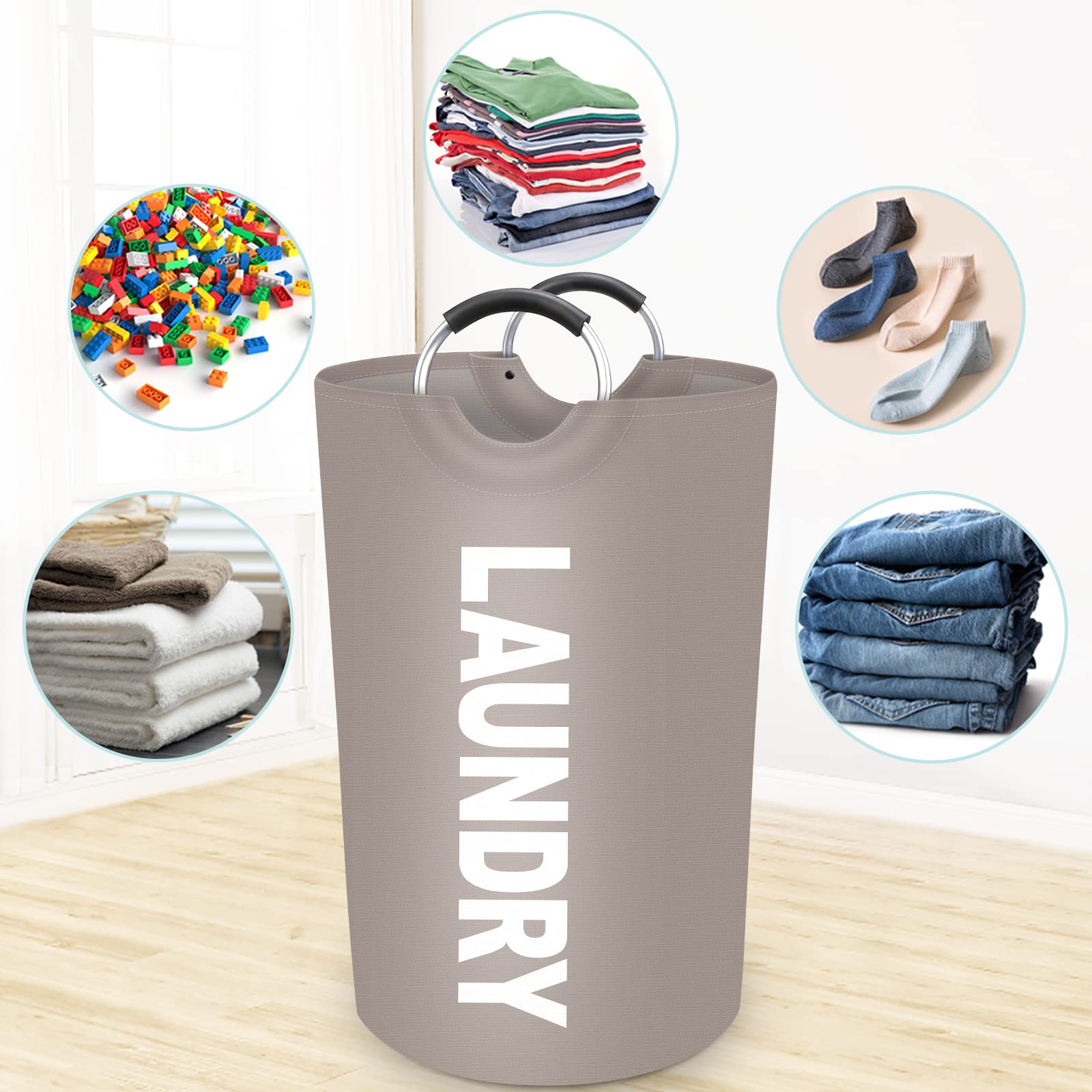 StorageRight 115L Large Laundry Basket  Laundry Hamper  Dirty Clothes Hamper for Laundry  Collapsible  Waterproof Laundry Baskets with Foam Protected Aluminum Handles for Laundry  Dorm  Family (Khaki)