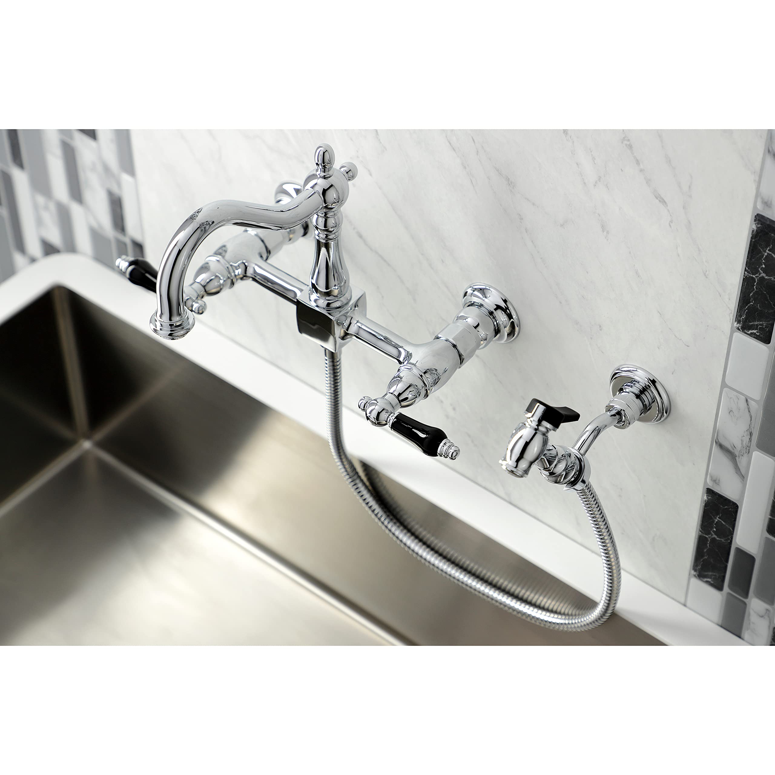 Kingston Brass KS1261PKLBS Duchess Wall Mount Bridge Kitchen Faucet with Brass Sprayer  Polished Chrome
