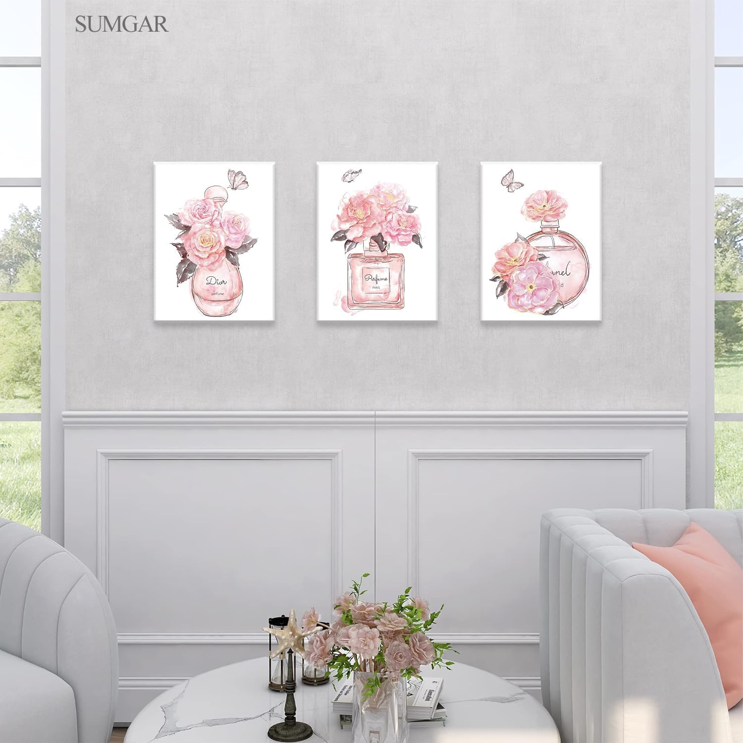 Sumgar Pink Wall Art Girls Bedroom Wall Decor Fashion Perfume Flower Butterfly Pictures Blush And Grey Framed Canvas Paintings F