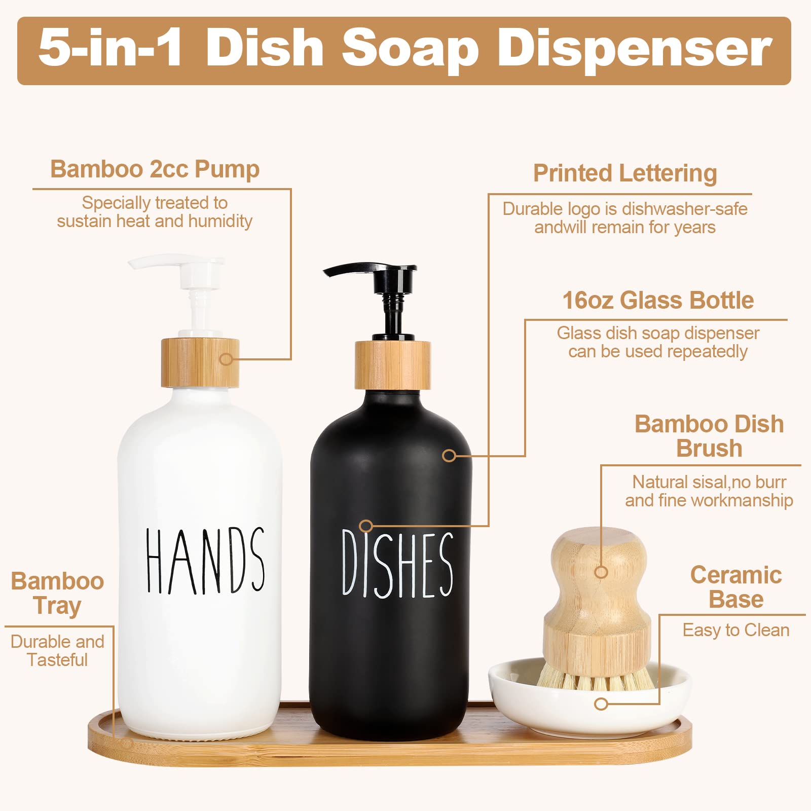 Hand And Dish Soap Dispenser Set, Hand Soap Dispenser For Kitchen, Glass Soap Dispenser With Tray And Bamboo Dish Brush, Kitchen