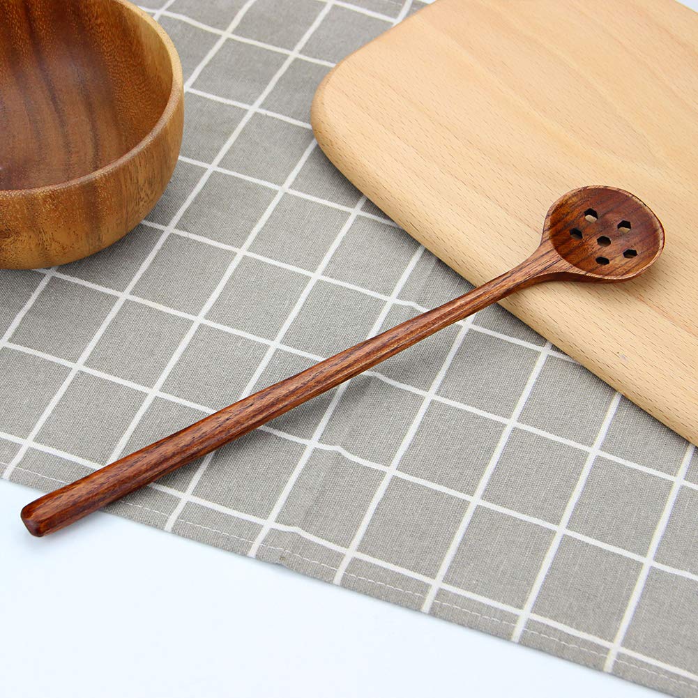 1 Pc Korean Style 10.9'' Long Handle Wooden Round Slotted Spoons For Jam Olive