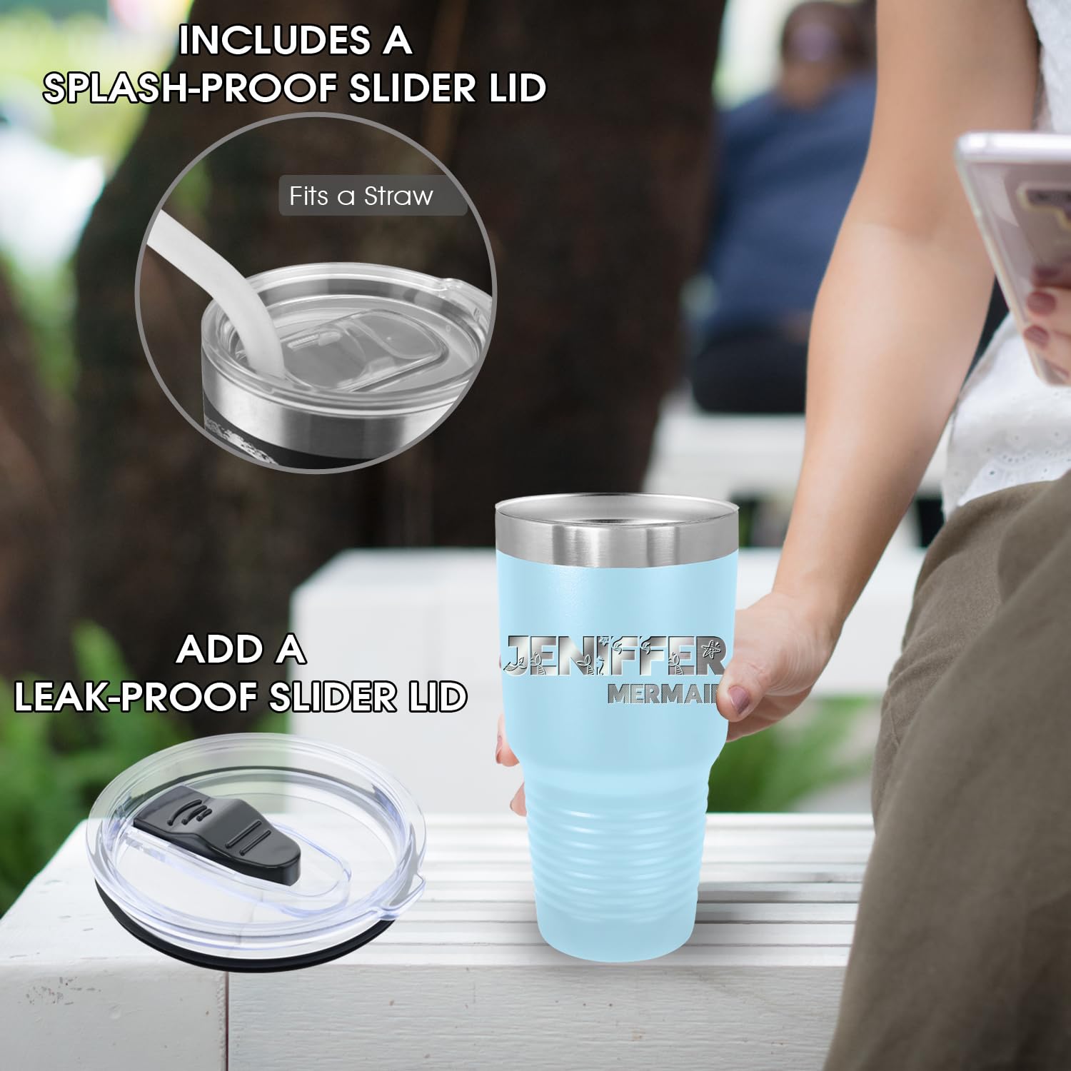 Personalized Tumblers with Lids and Straws  Your Text Engraved in USA by iProductsUS 30oz Vacuum Insulated Travel Coffee Mugs Stainless Steel Double Wall Thermos Customized Cups(Light Blue 18-Designs)