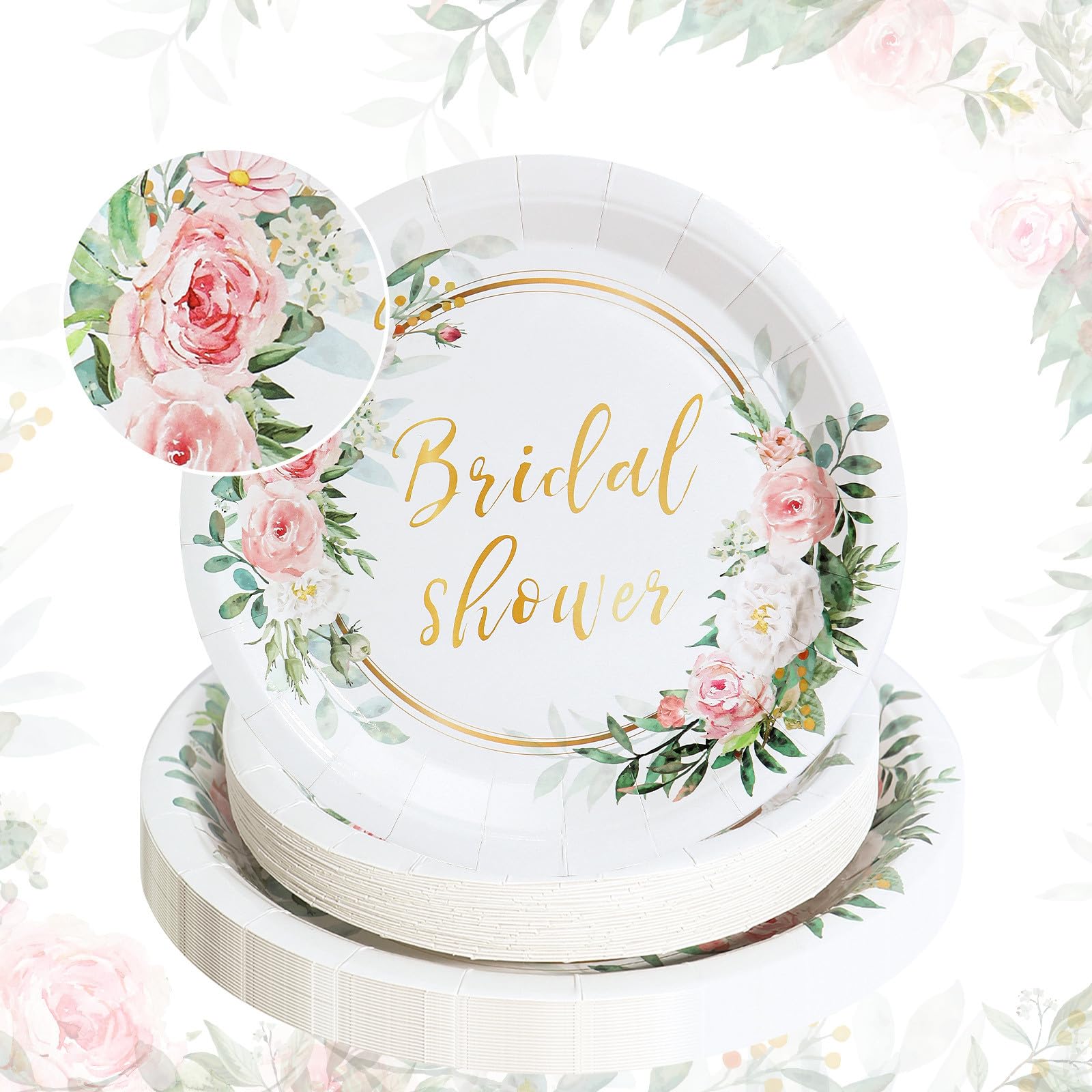 Qifu Bridal Shower Decorations Party Tableware - Pink And Gold Floral Paper Plates,Dessert Plates,Napkins And Forks Sets For 24