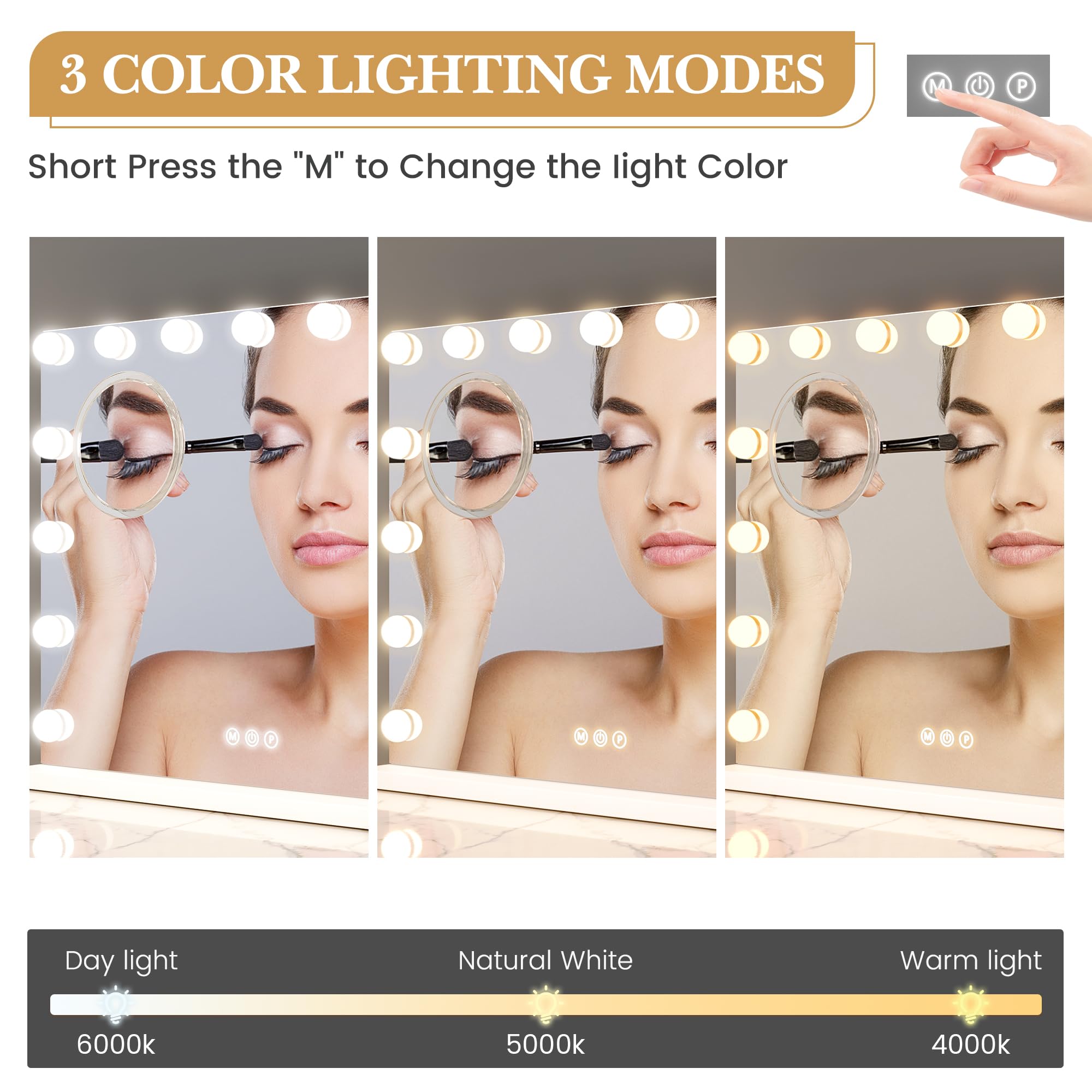Vanity Mirror With Lights, Hollywood Lighted Vanity Mirror With 15 Dimmable Led Bulbs, 3 Color Modes, Usb Charging Port, Light U