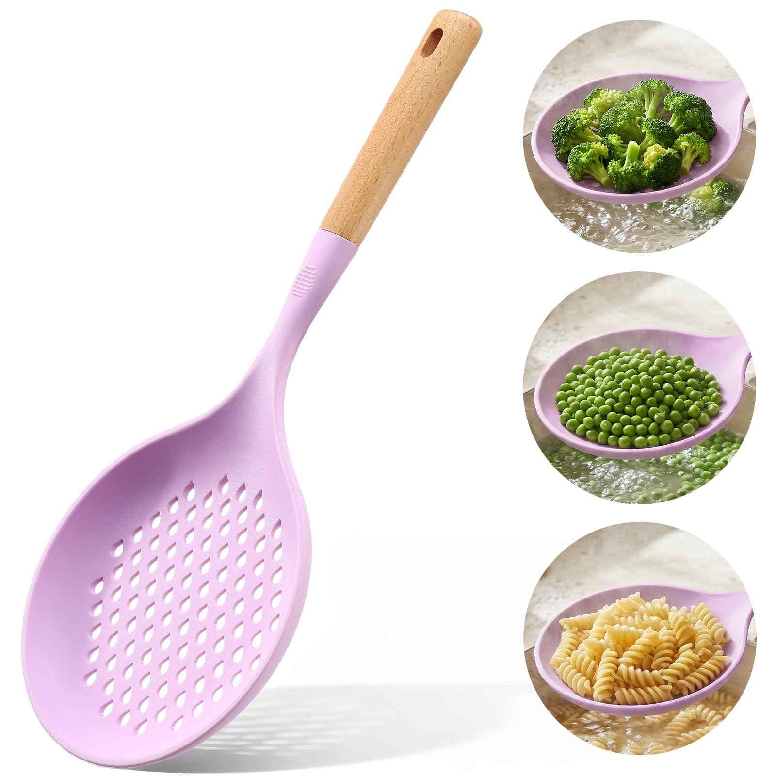 AIZOE Extra Large Slotted Spoon Silicone  Non Stick BPA Free Versatile Purple Ladle Strainer Skimmer Spoon Macaroni Fusilli Pas