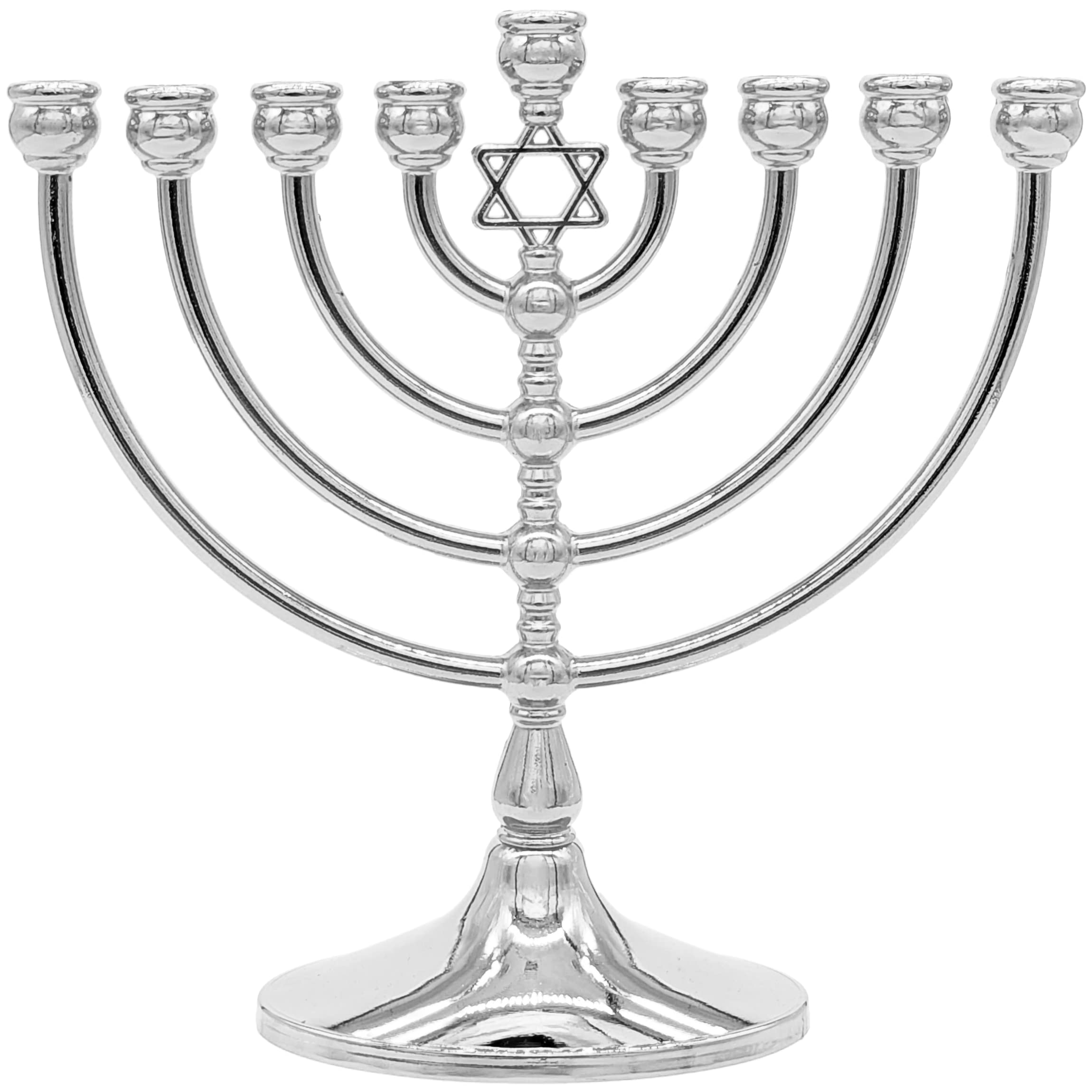 The Dreidel Company Hanukkah Menorah with Traditional Star Polished Aluminum Finish, Size 7 Tall