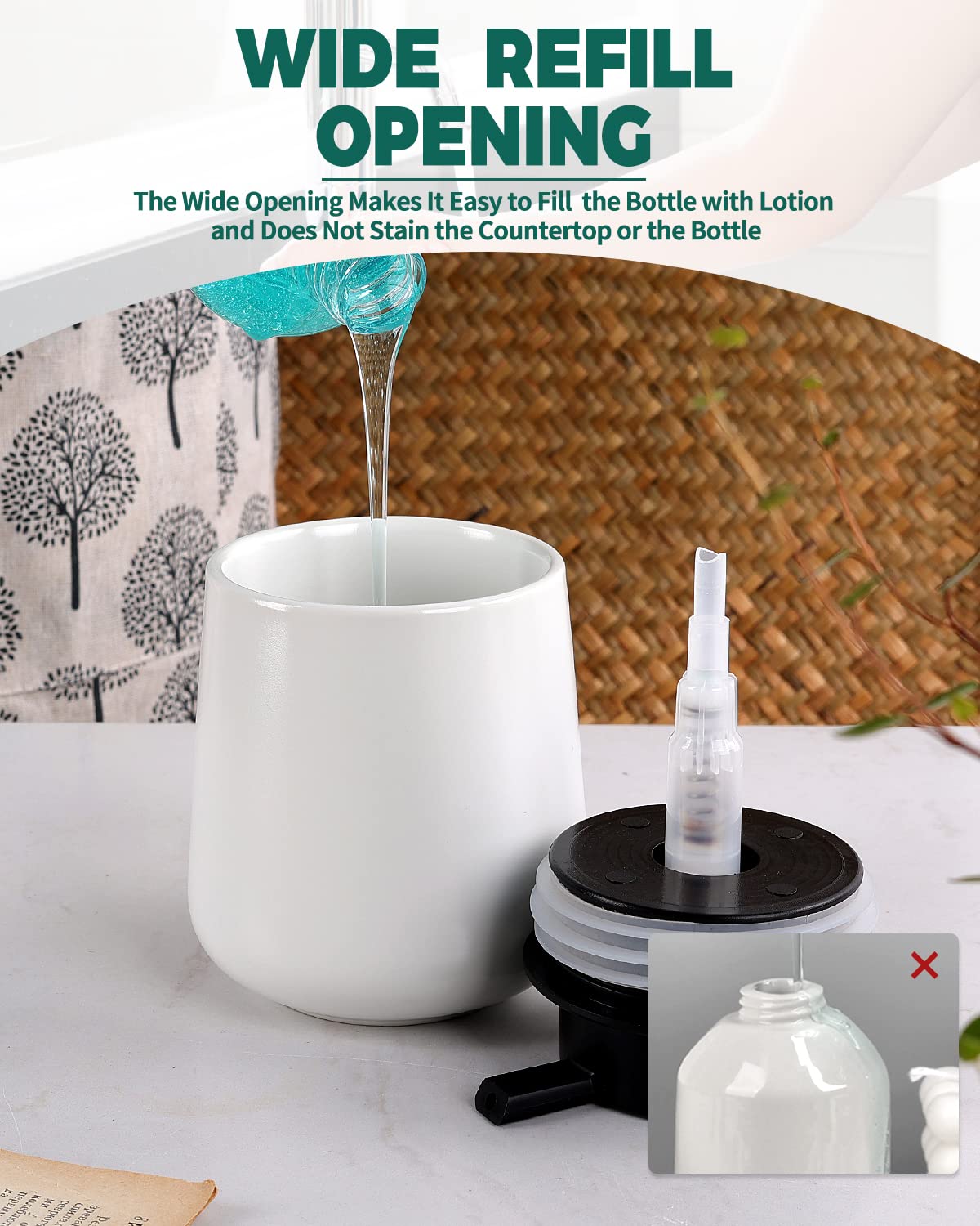 Bosilunlife Liquid Soap Dispenser - 12Oz Lotion Dispenser With Pump Matte White Ceramic Soap Dispenser Bathroom Dish Hand Soap D