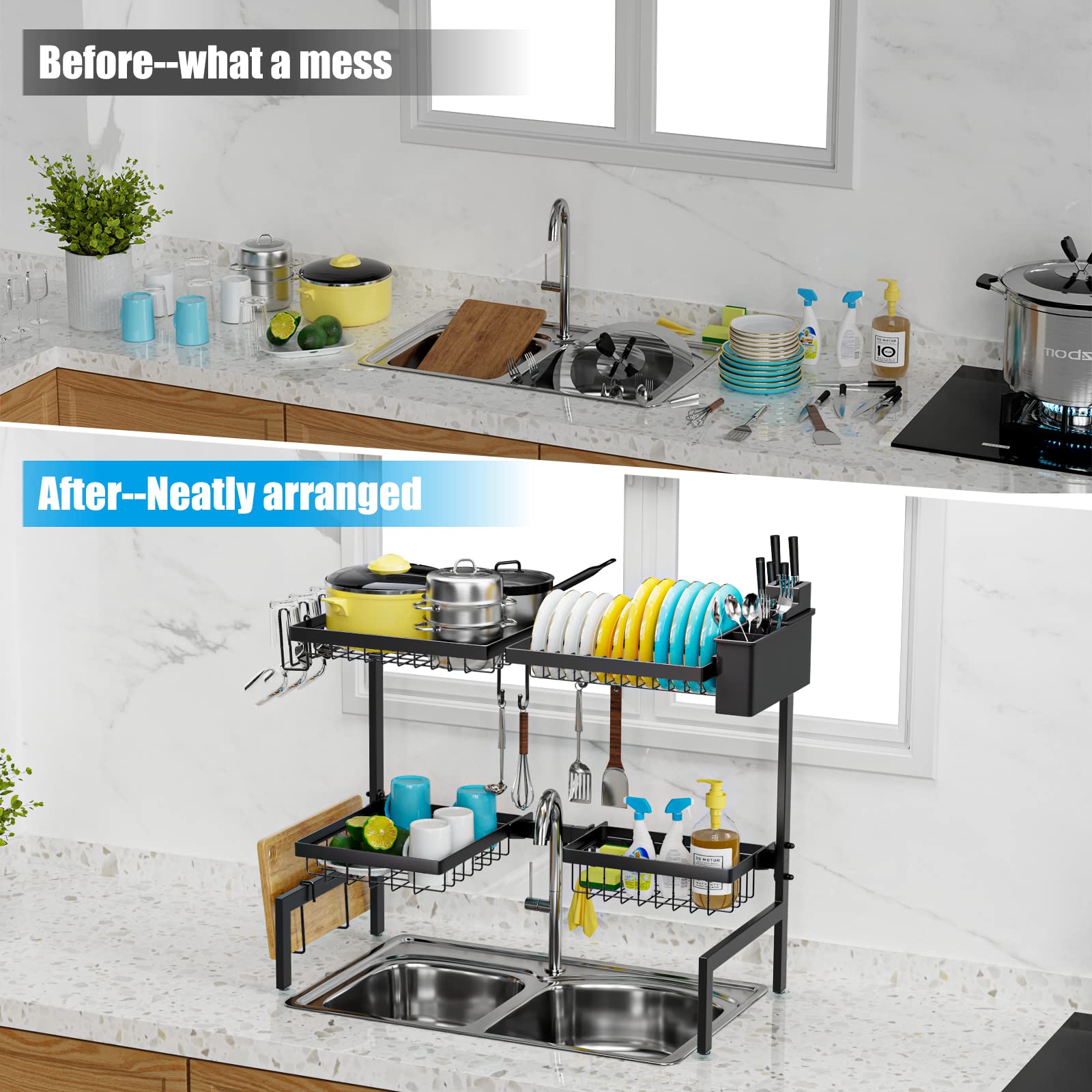 Snslxh[2-Tier 4 Baskets]Over The Sink Dish Drying Rack, 24.8''-35.4'', Large Sink Rack For Kitchen, Extensible And Adjustable, S