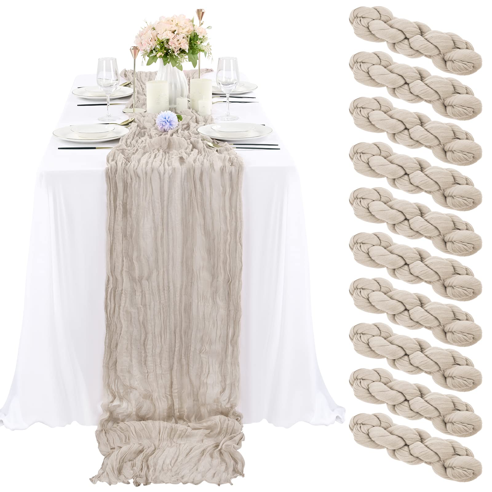 10 Pcs Rosy Brown Cheesecloth Table Runner 10Ft, Gauze Table Runner For Wedding Reception Sheer Bridal Shower Birthday Party Boh