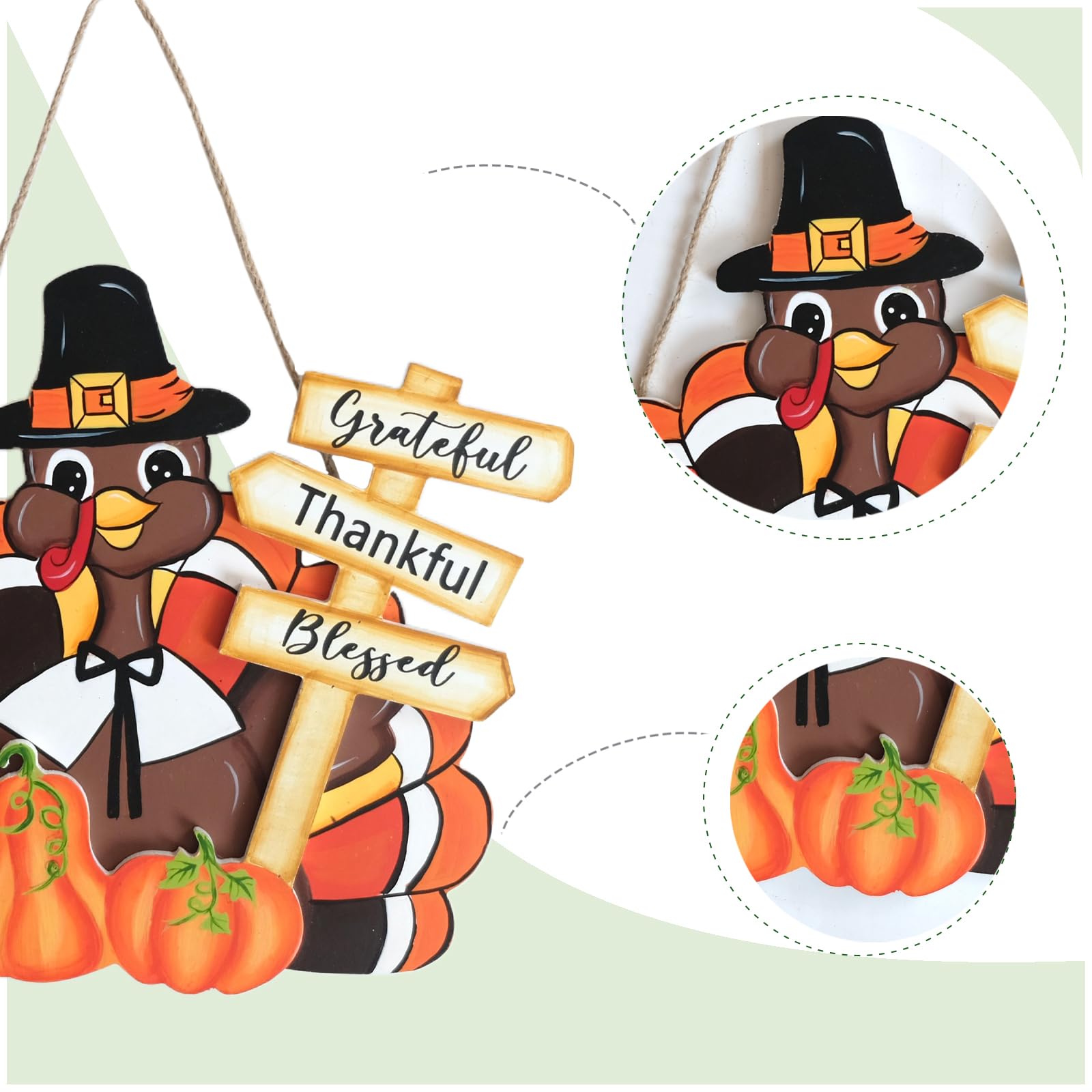 Egolot Fall Thanksgiving Turkey Welcome Wooden Sign for Front Door with Pumpkins, Thanksgiving Grateful Thankful Blessed Turkey